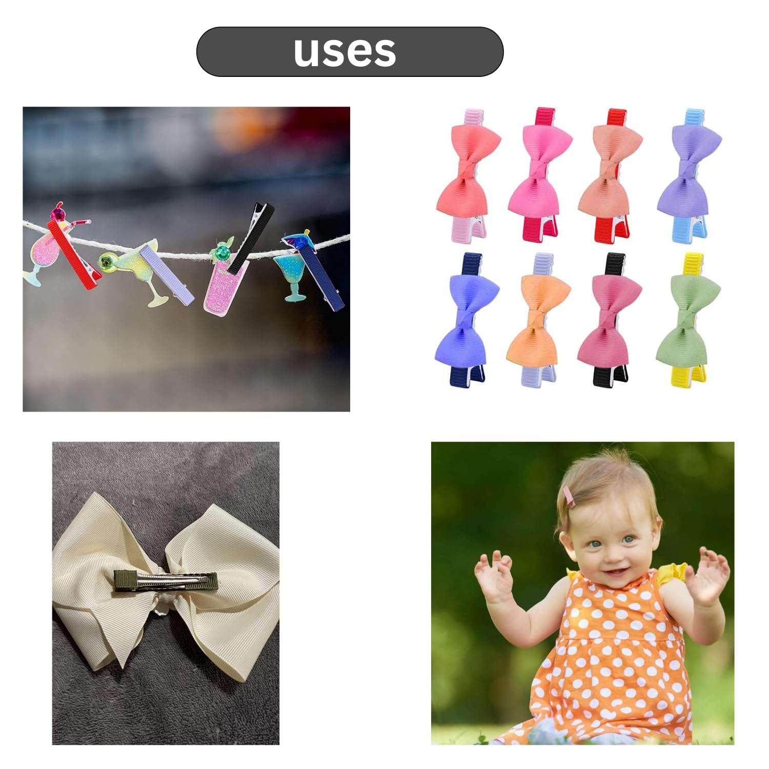 Ani Accessories 8-Piece Ribbon Hair Clips Set - Grosgrain Fabric Metal Alligator Barrettes & Duckbill Hairpins for Women & Girls - DIY Hair Accessories (White) - Perfect for School, Parties, Weddings & Everyday Styling