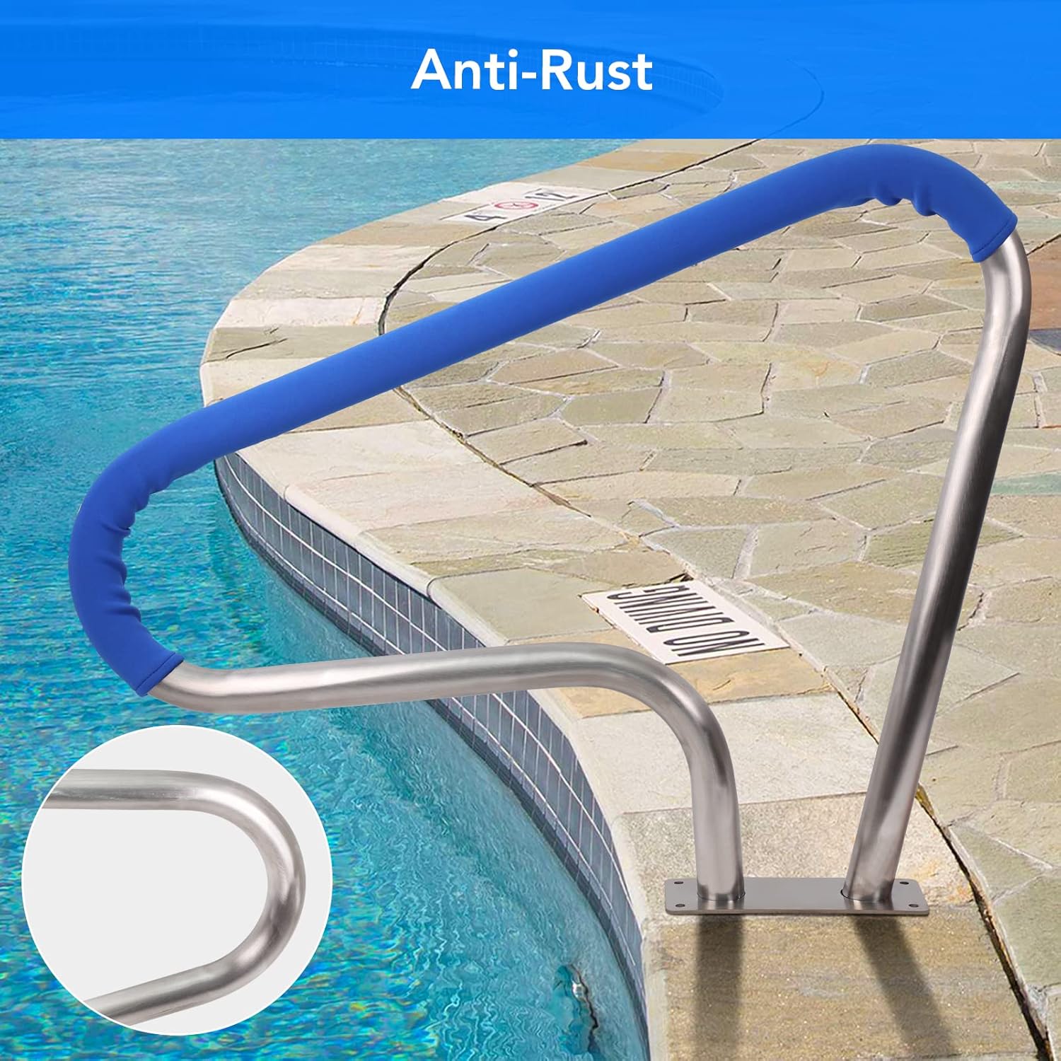GARVEE 39x32 Inch Stainless Steel Pool Handrail with Non-Slip Blue Grip Cover - Rustproof Stair Rail for Inground Pools - Supports 250 lbs - Perfect for Pool Safety, Elderly Assistance & ADA Compliance
