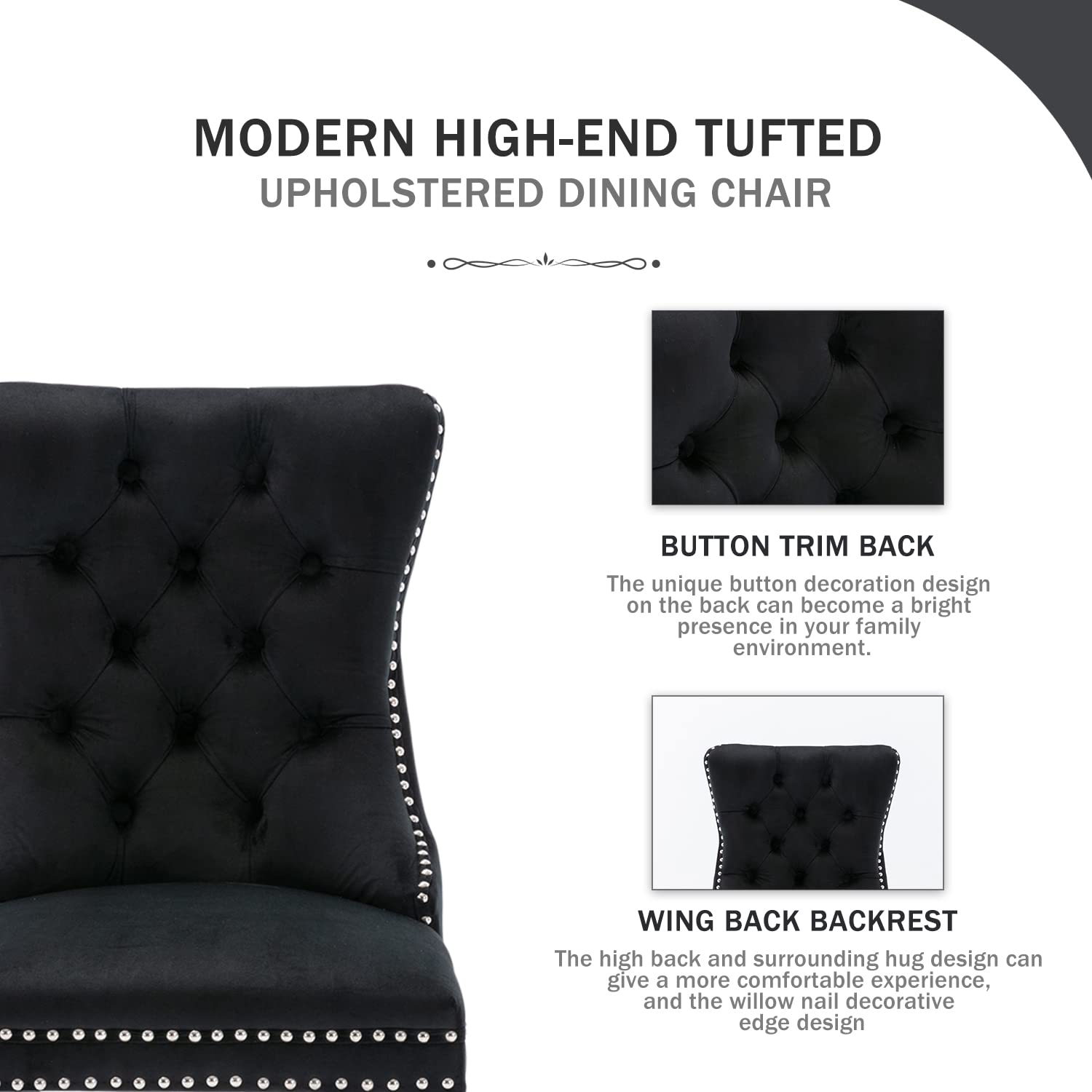 Kiztir Velvet Dining Chairs Set of 4 - Upholstered Luxury Tufted Chairs with Ring Pull Trim & Button Back - Elegant Black Dining Room Chairs for Kitchen, Living Room & Bedroom - Perfect for Home Decor, Dinner Parties & Cozy Gatherings