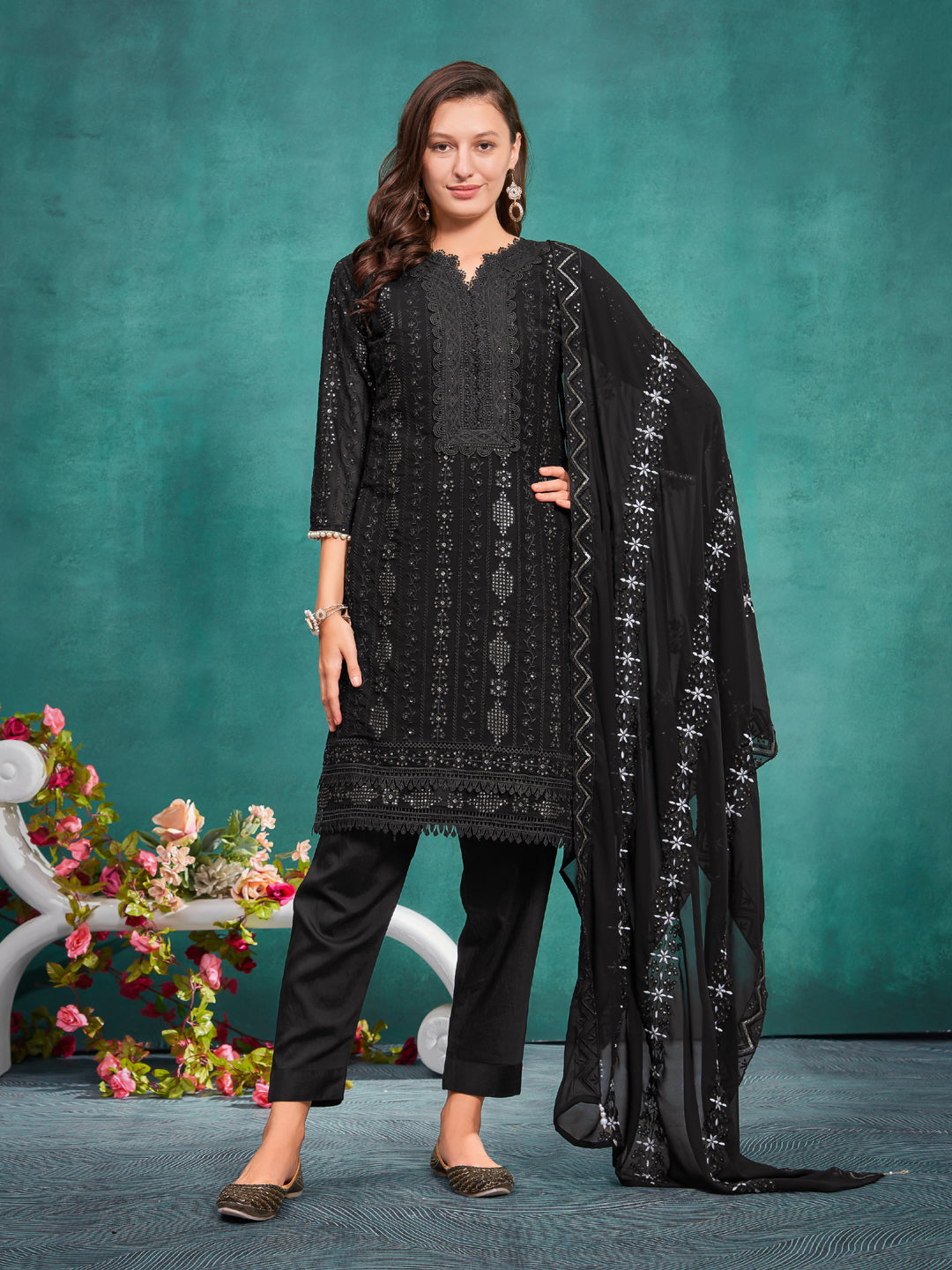 Elegant Black Georgette Pant Suit with Intricate Embroidery - Designer Women's Formal Wear for Weddings, Parties & Office Events