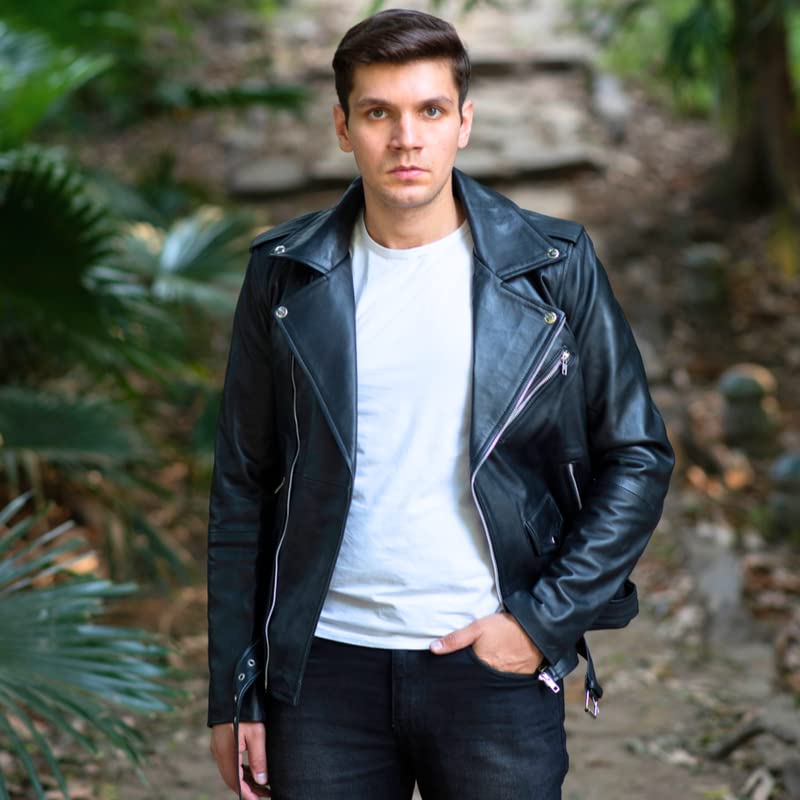 Premium Genuine Leather Biker Jacket for Men - Black Motorcycle Jacket with Notch Lapel & Zipper Cuffs | Stylish Outerwear for Riding, Casual Wear & Night Out