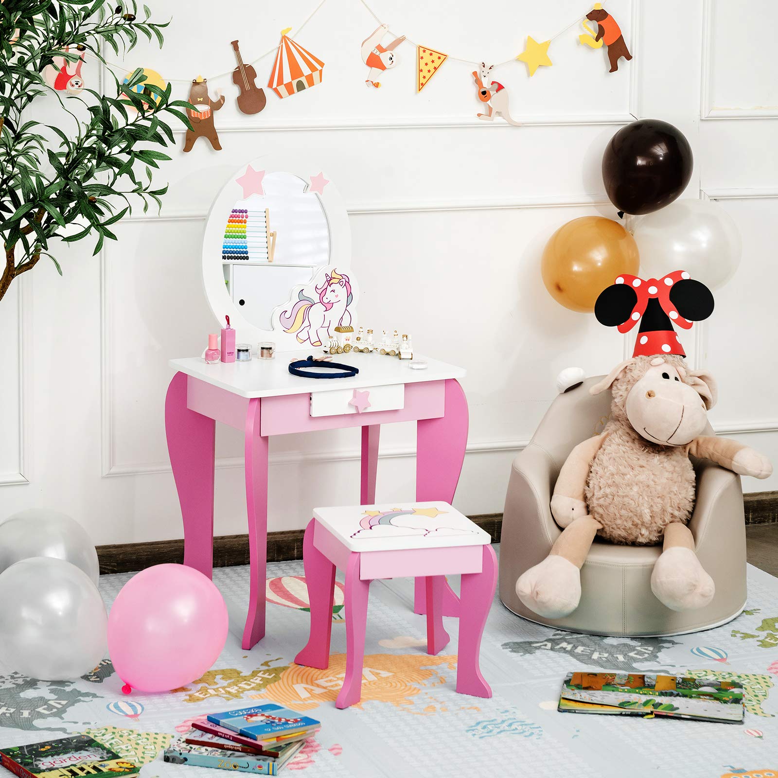 **Pink Princess Vanity Set for Toddler Girls - Kids Makeup Table with Stool, Detachable Mirror & Storage Drawer - Pretend Play Dressing & Makeup Toy for Birthday Gifts & Room Decor**