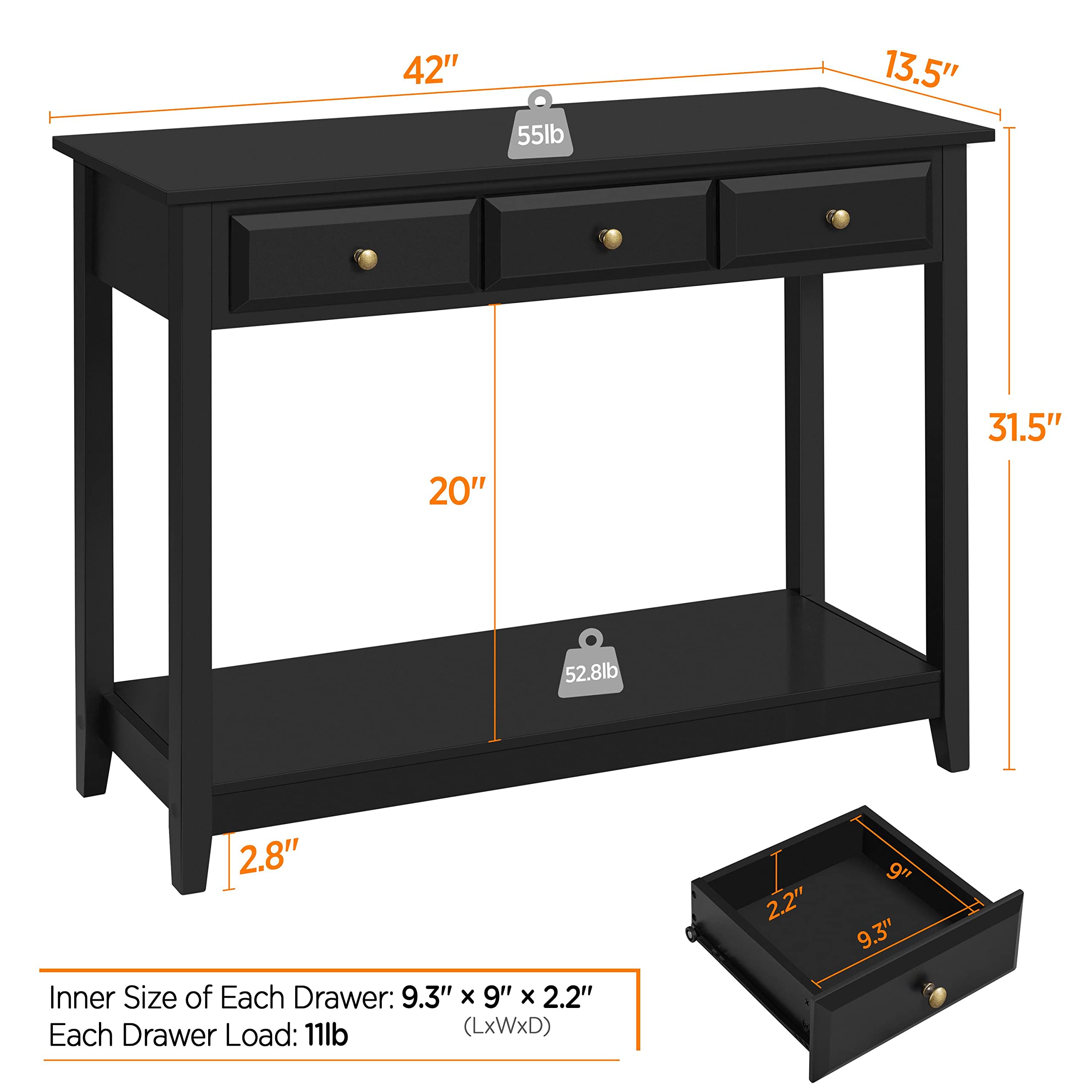 Topeakmart Wooden Console Table with Storage Shelf and 3 Drawers - 2-Tier Entryway Sofa Table for Hallway & Living Room - Black Finish - Perfect for Small Space Organization and Home Decor