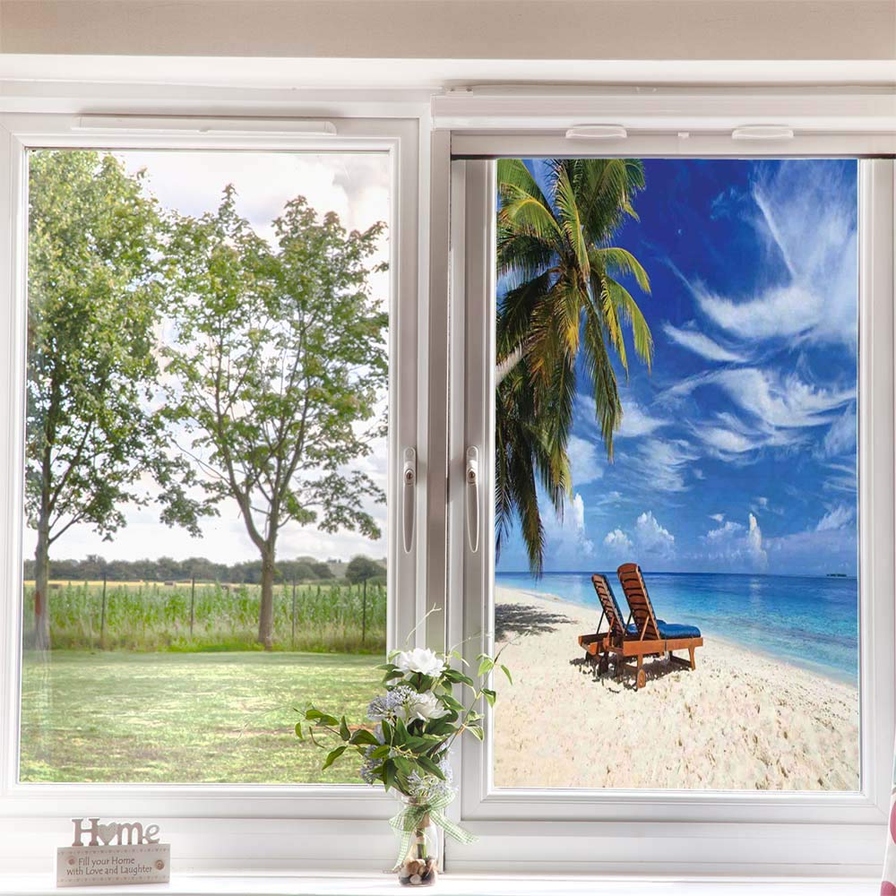 Frosted Glass Window Film - Tropical Beach Scene with Palm Trees & Chairs - 24x36 Inch Static Cling Privacy Film for Home & Office (Ivory, Blue, Green) - Perfect for Bathroom, Bedroom, and Office Windows