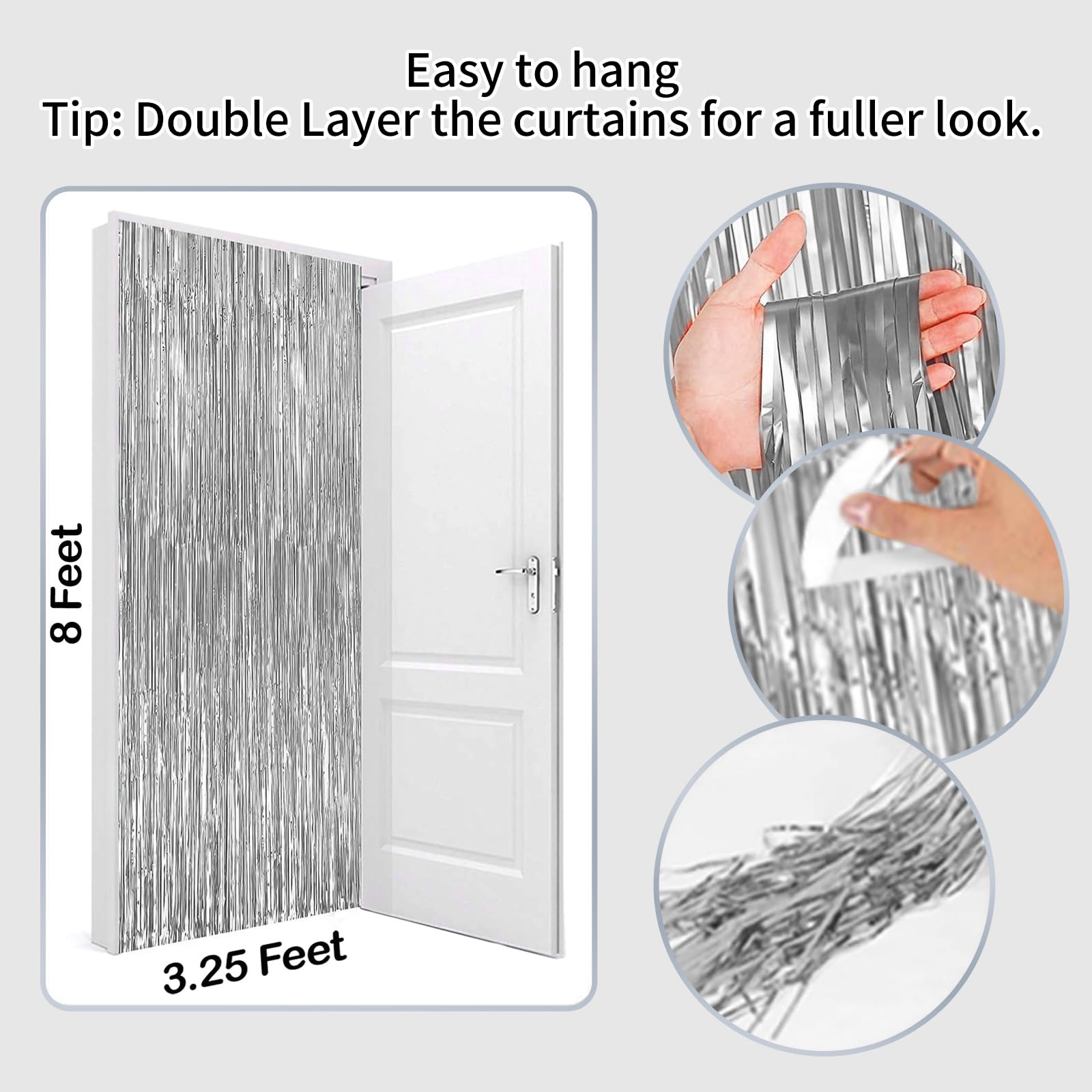 3 Pack 3.2ft x 8.2ft Silver Metallic Foil Fringe Curtains - Tinsel Streamers for Bachelorette Party, Birthday, Graduation & Baby Shower Decorations - Perfect for Photo Backdrops, Wall Decor & Event Styling