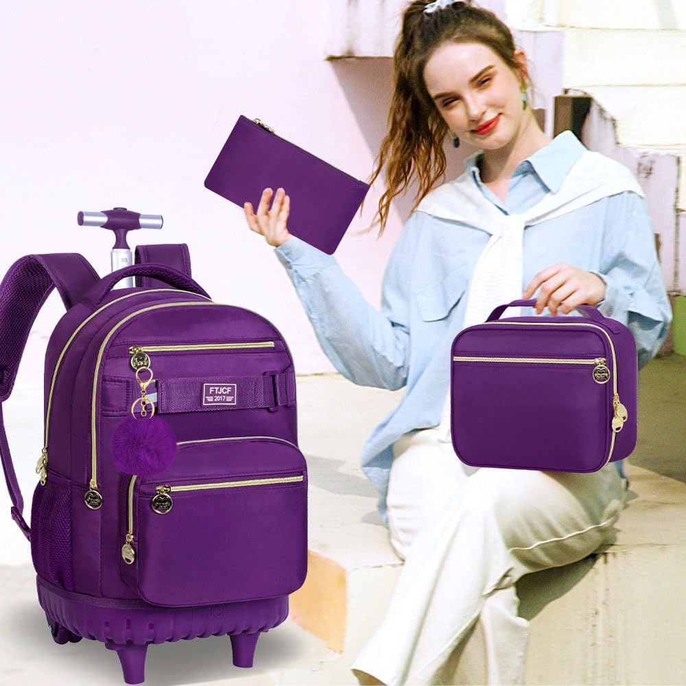 3Pcs Rolling Backpack for Girls & Women - 19 Inch Wheeled Backpack with Lunch Box, Durable School Bookbag with Wheels for Travel & Commuting (Deep Purple) - Perfect for School, College, Work & Airplane Carry-On
