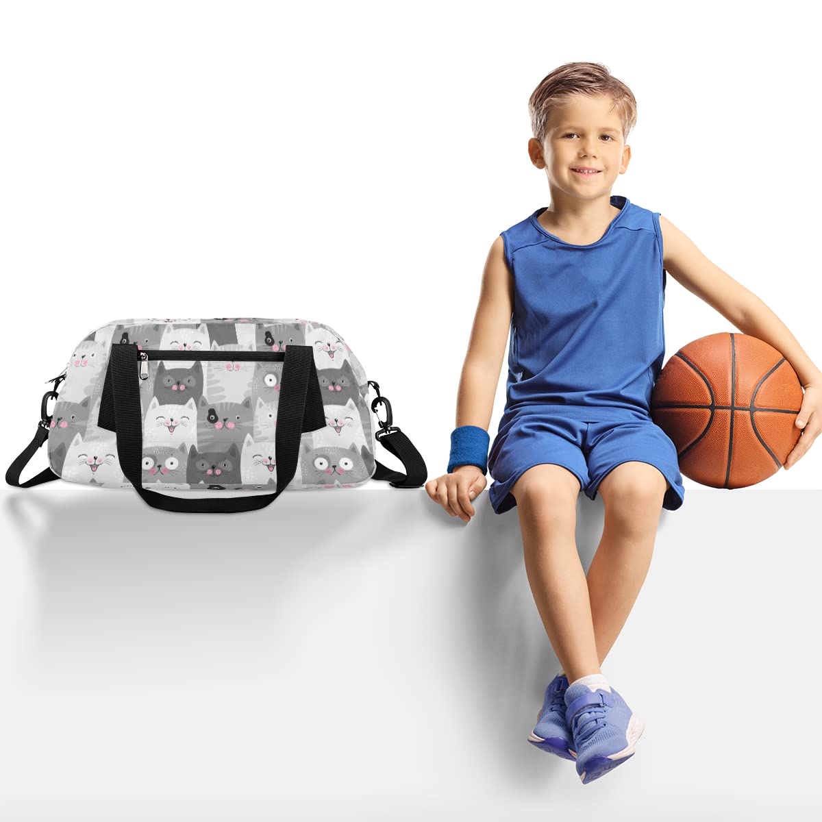 Cat Duffle Bag for Kids - Cute Lightweight Water Resistant Foldable Animal Gym Bag, Grey Dance Weekender Overnight Carry On Travel Bag for School, Sports, Gym, Camping & Beach Trips - Perfect for Sleepovers, Dance Classes, and Weekend Getaways