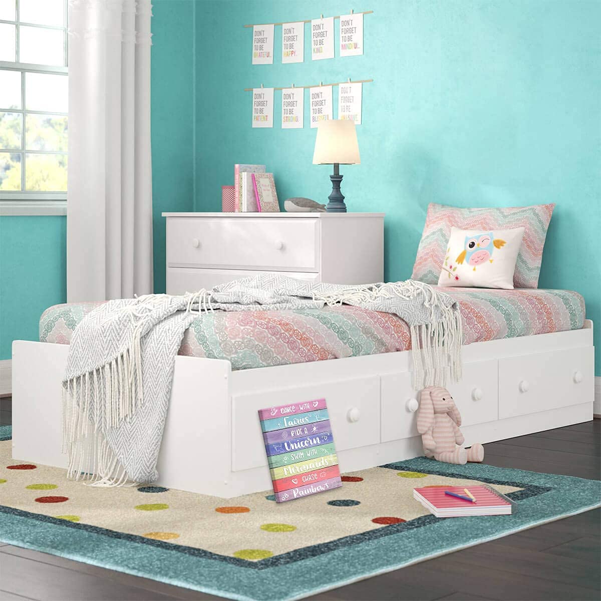Unicorn Wall Art for Girls Bedroom - 14x18 Inch Framed Canvas Mermaid & Rainbow Decor - Perfect for Teen Room Decor, Kids Bedroom, Nursery & Playroom Wall Decorations