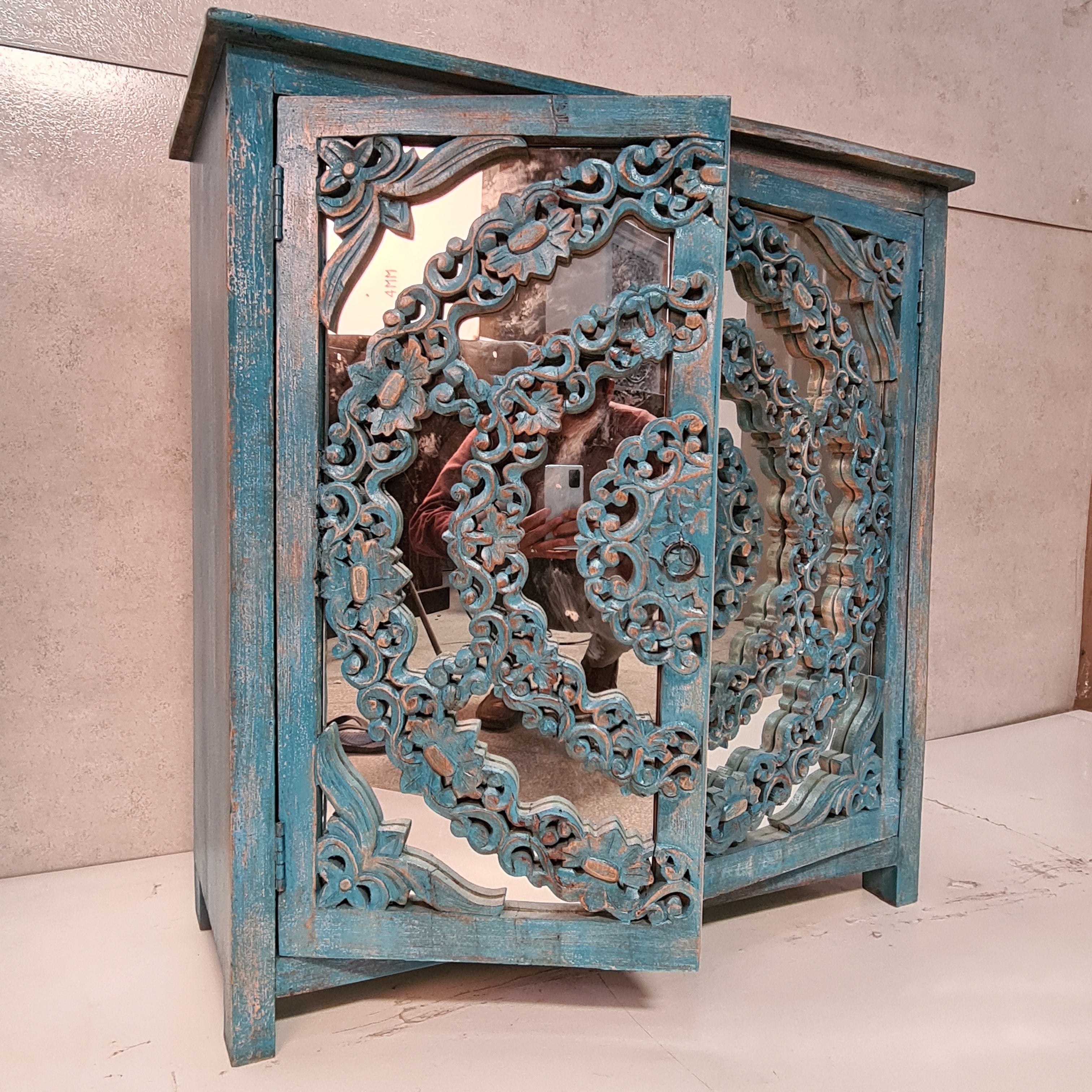 Handcrafted Indian Solid Hardwood Cabinet with Carved 2 Mirror Doors - Blue, 94x40x97cm - Perfect for Bedroom Storage, Living Room Decor & Traditional Home Furnishings
