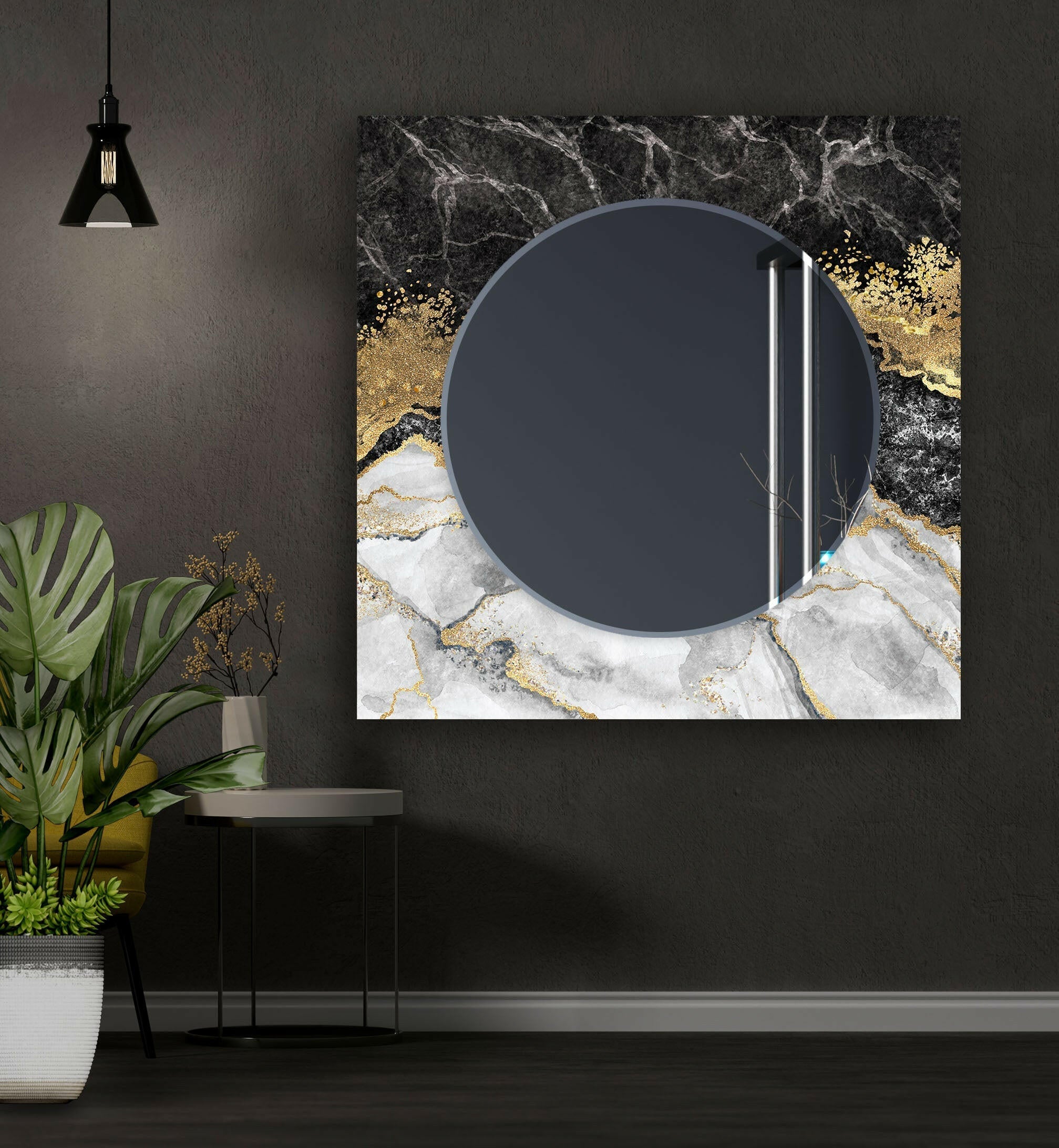 Elegant Black Marble Gold Frame Wall Mirror - Modern Home Decor for Living Room, Bedroom & Entryway