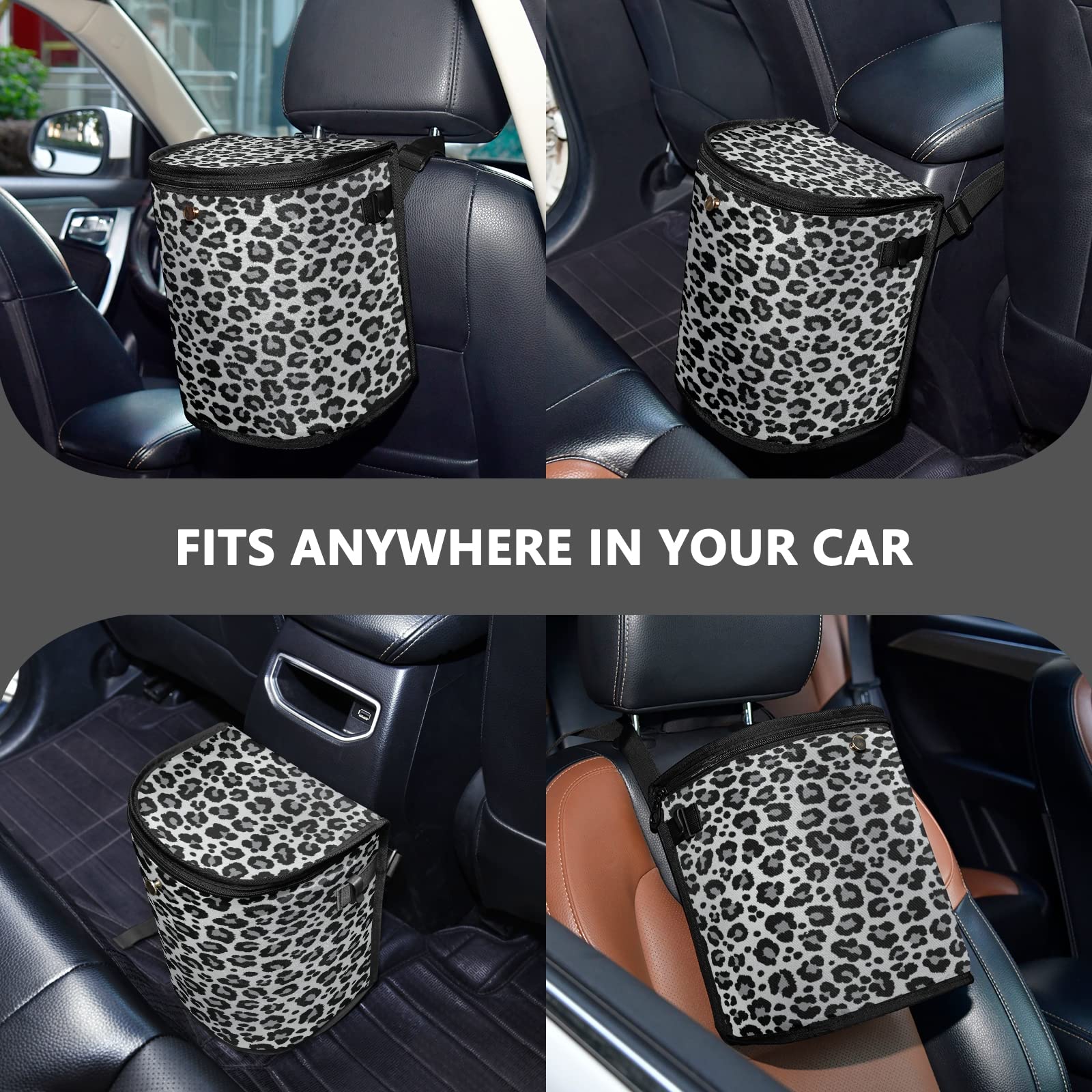 SUABO Leakproof Car Trash Can with Lid - Waterproof Snow Leopard Print Auto Garbage Bin for SUV, Truck, Sedan | Portable Vehicle Organizer for Road Trips & Daily Commute