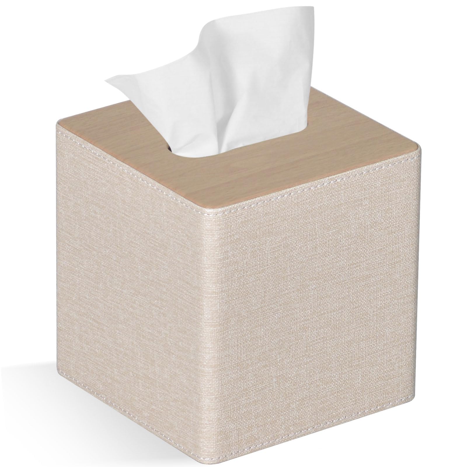 PU Leather Square Tissue Box Cover - Beige Facial Tissue Holder for Dresser, Bathroom & Home Decor | Perfect for Living Room, Bedroom and Office Organization