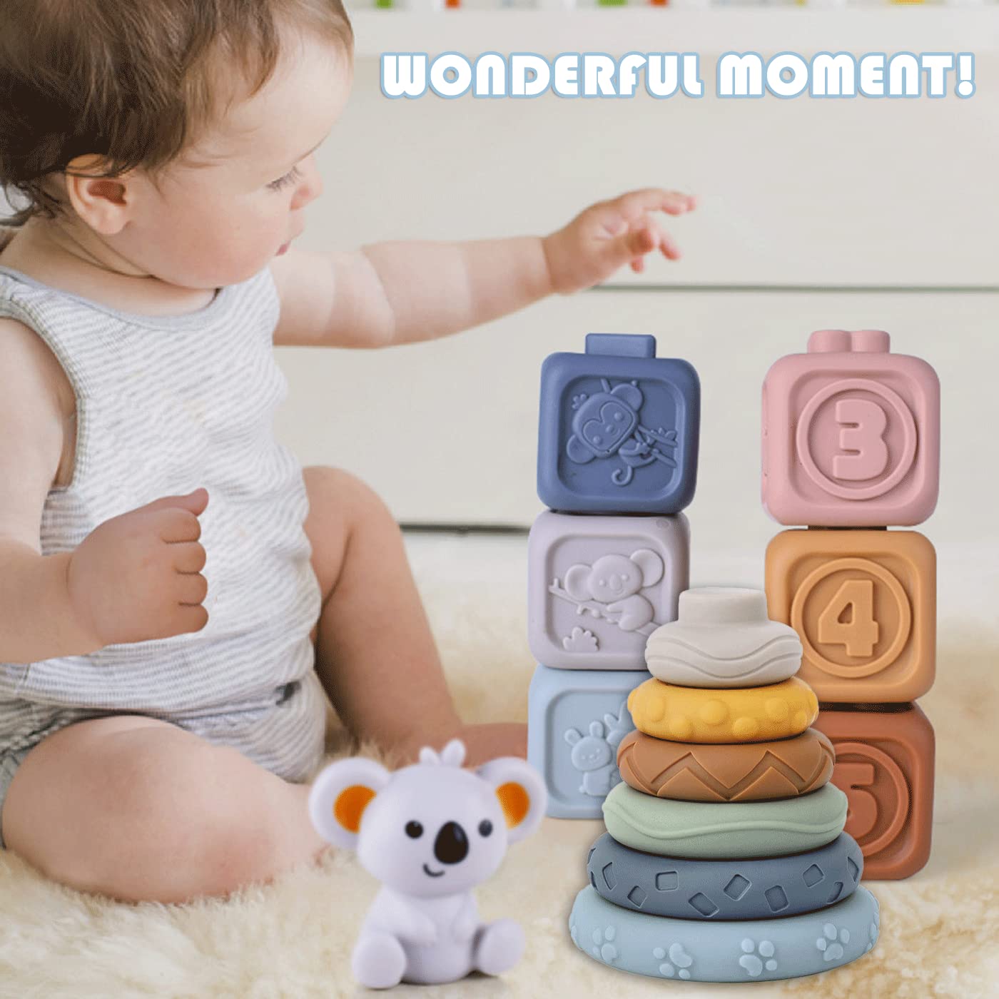 13 Pcs Montessori Sensory Building Blocks & Circles - Early Educational Squeeze Teething Toys with Koala Figure for Babies 6-18 Months | Perfect for Toddler Learning, Fine Motor Skills Development & Sensory Play