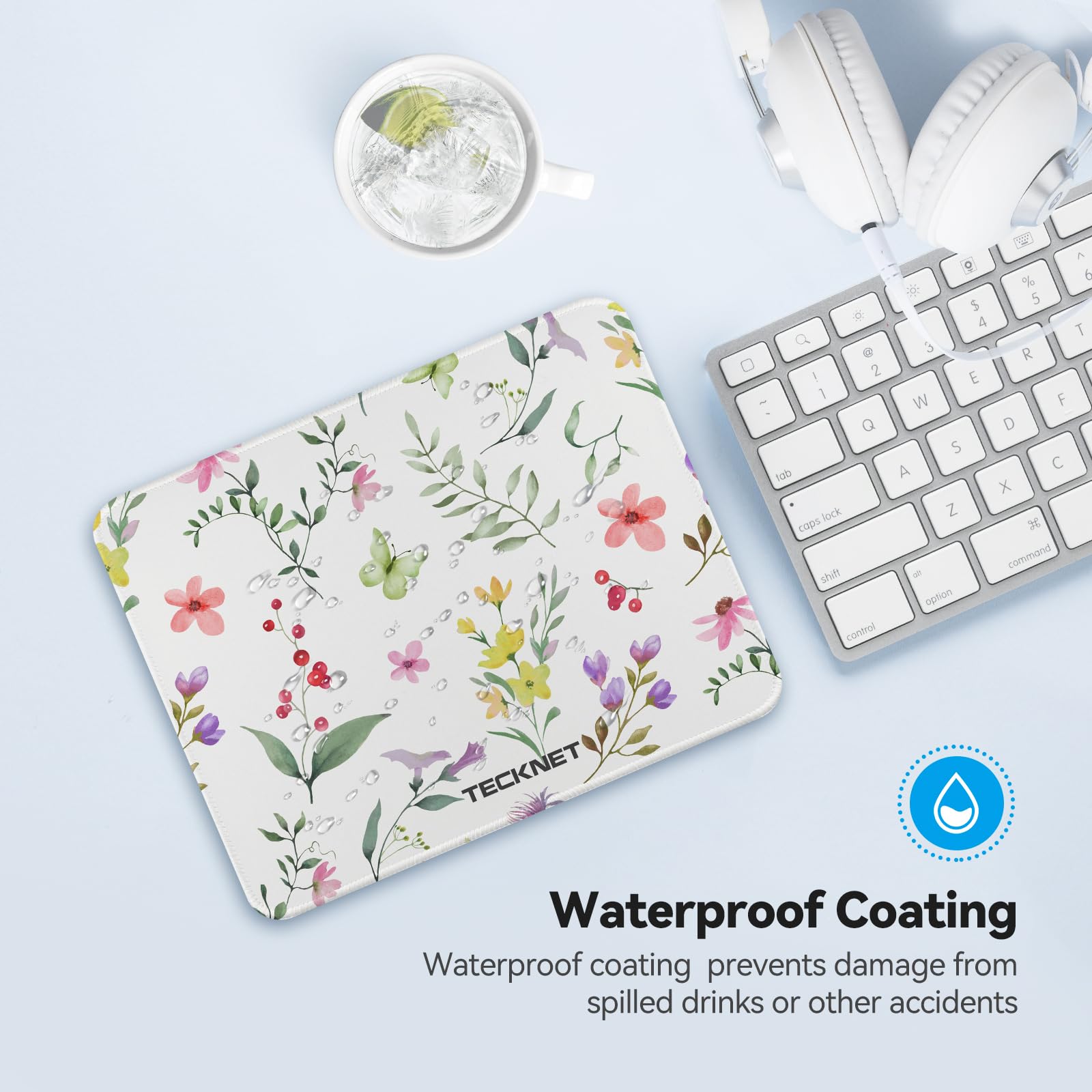 TECKNET Gaming Mouse Pad - Non-Slip Rubber Base, Waterproof Surface, Anti-Fray Stitched Edges - Compatible with Laser & Optical Mice - Perfect for PC, Laptop, Office & Home Use - Flower Design