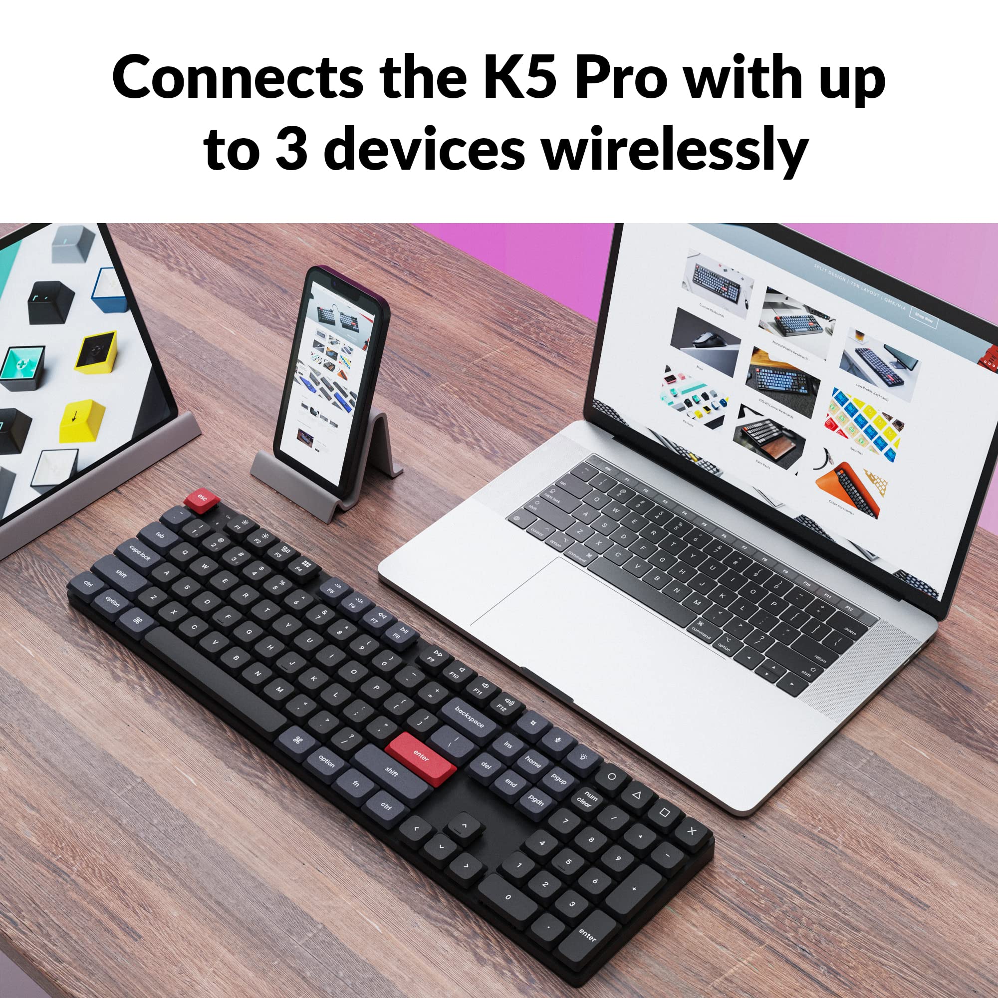 Keychron K5 Pro Ultra-Slim Wireless Mechanical Keyboard - 108 Keys Custom Programmable with Low-Profile Gateron Brown Switch, White LED Backlit PBT Keycaps for Mac Windows Linux | QMK/VIA Support | Perfect for Home Office, Gaming & Programming