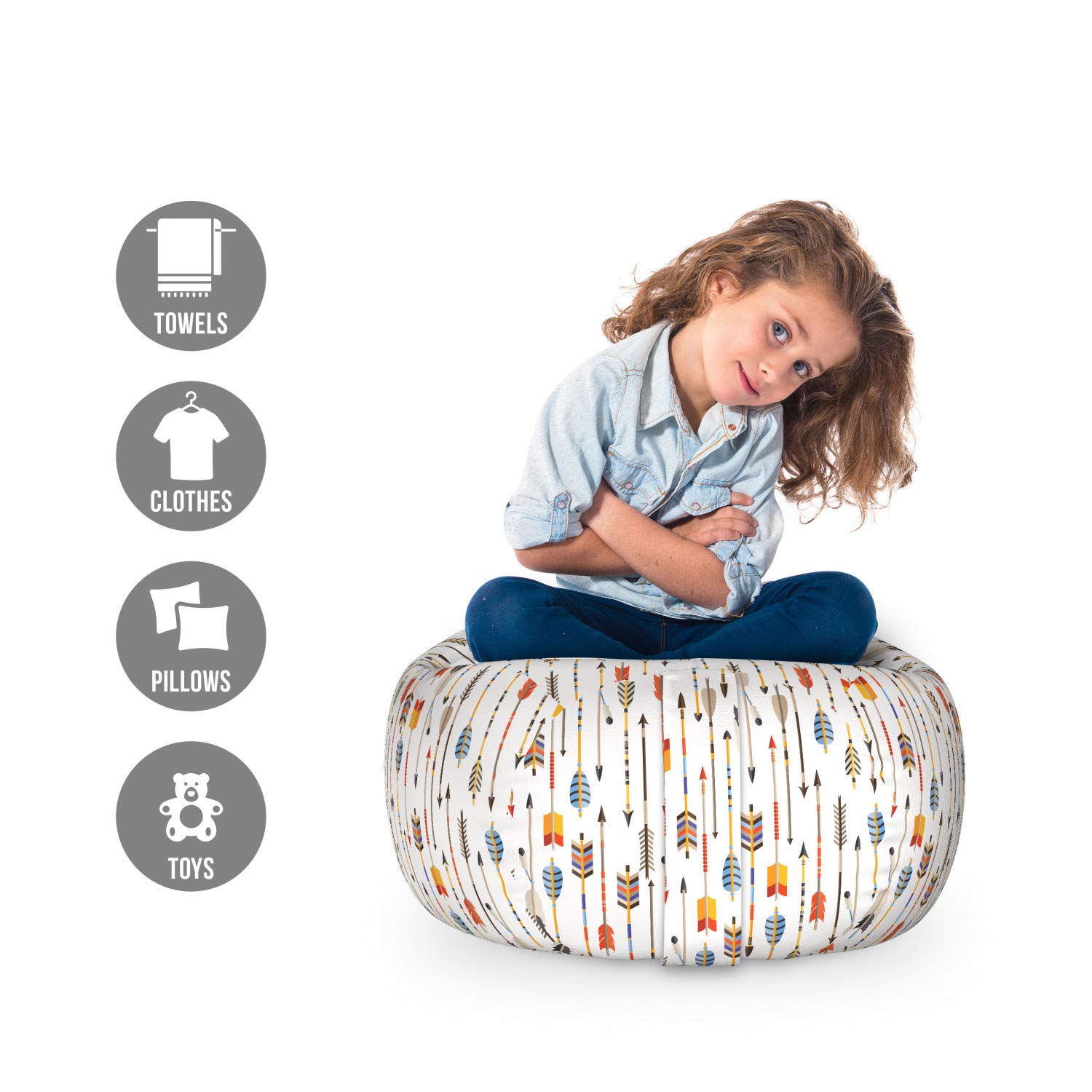 Ambesonne Tribal Pattern Toy Storage Bag Chair - Washable Stuffed Animal Organizer with Indigenous Cultural Design, Small Multicolor - Perfect for Kids' Room, Playroom & Nursery Organization