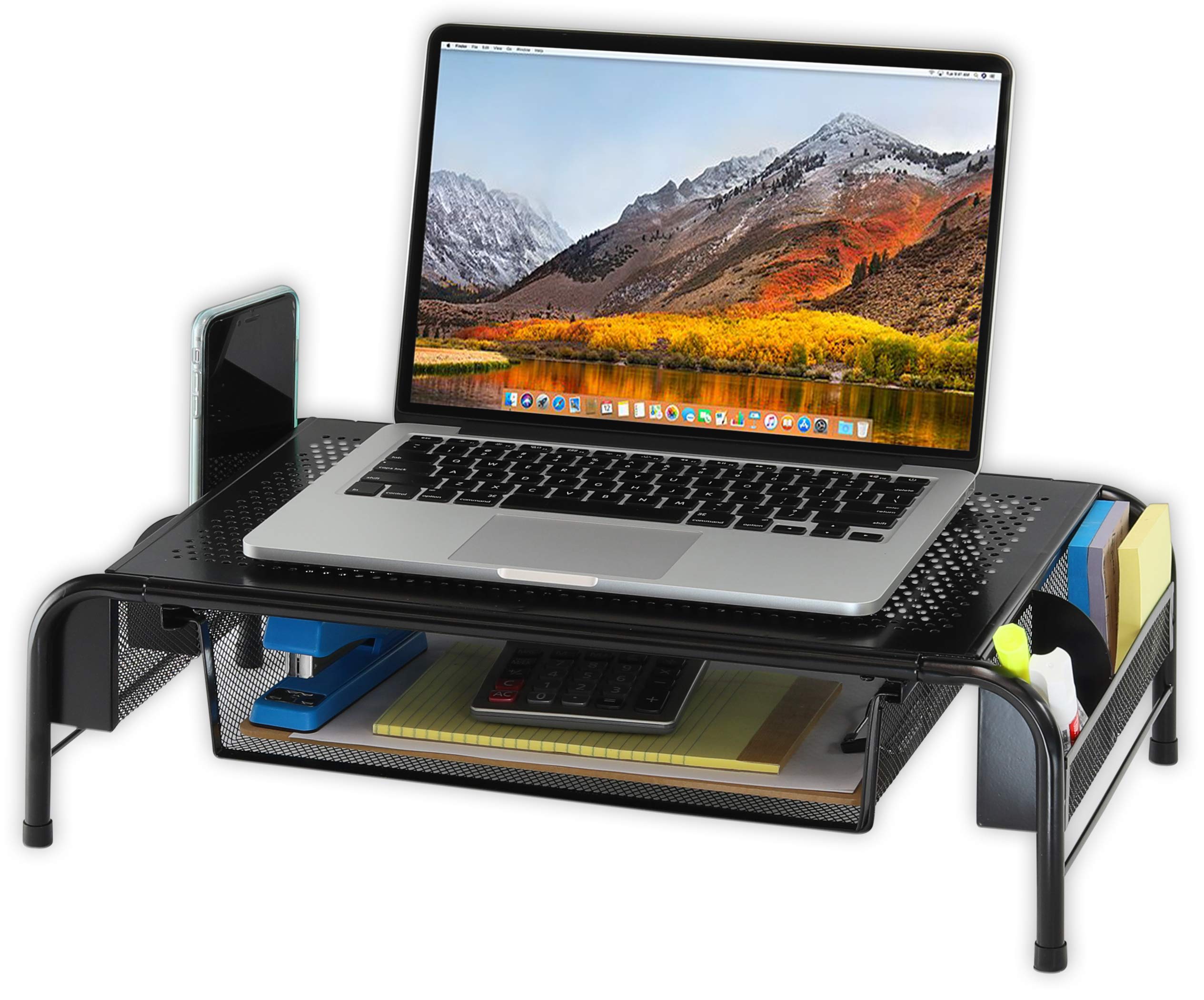 Ergonomic Metal Monitor Stand Riser with Storage Drawer - Space Saving Desk Organizer for Home Office, Gaming Setup & Workspace (Black)