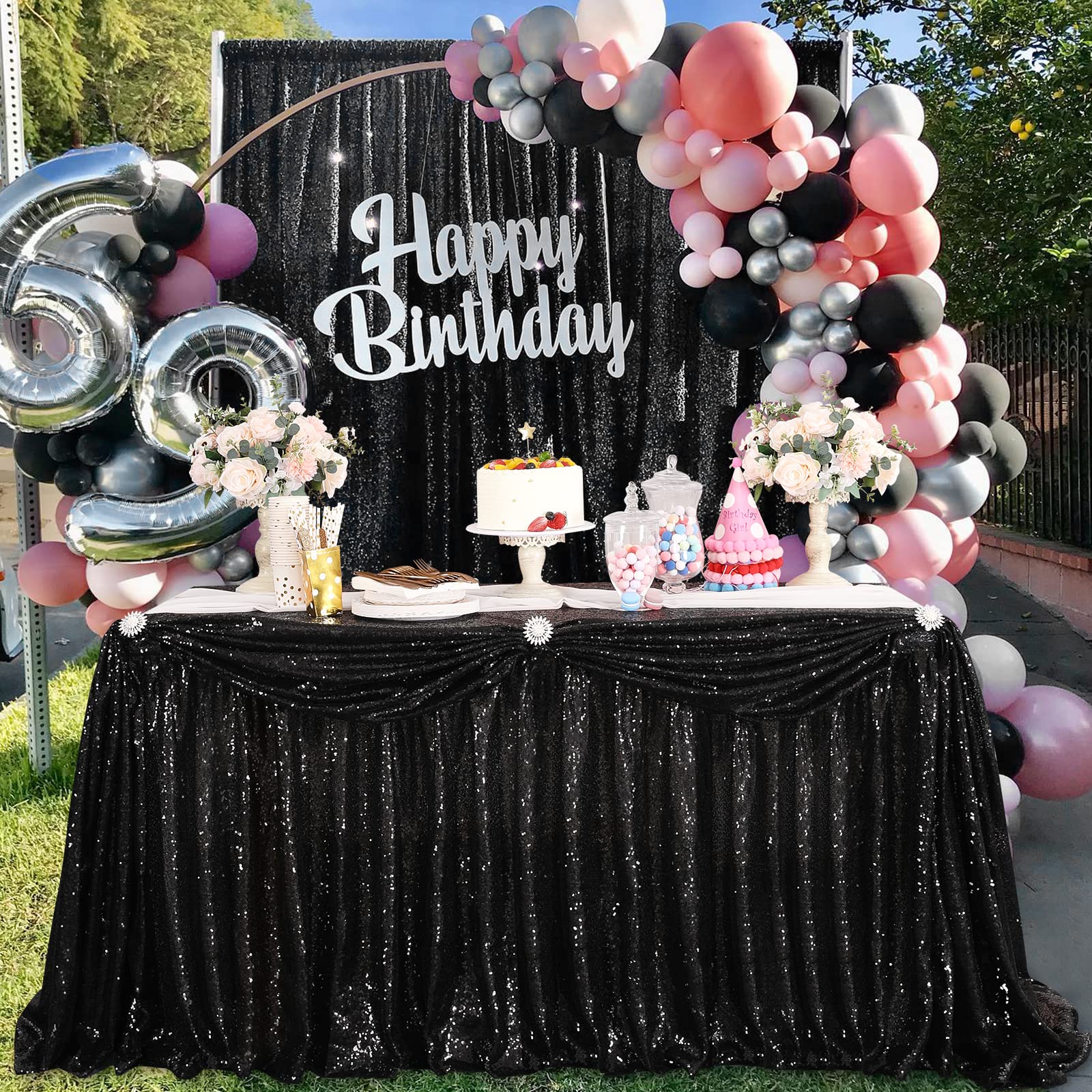 9ft Black Sequin Table Skirt for Round, Rectangle & Square Tables - Perfect for Birthday Parties, Baby Showers & Home Decor