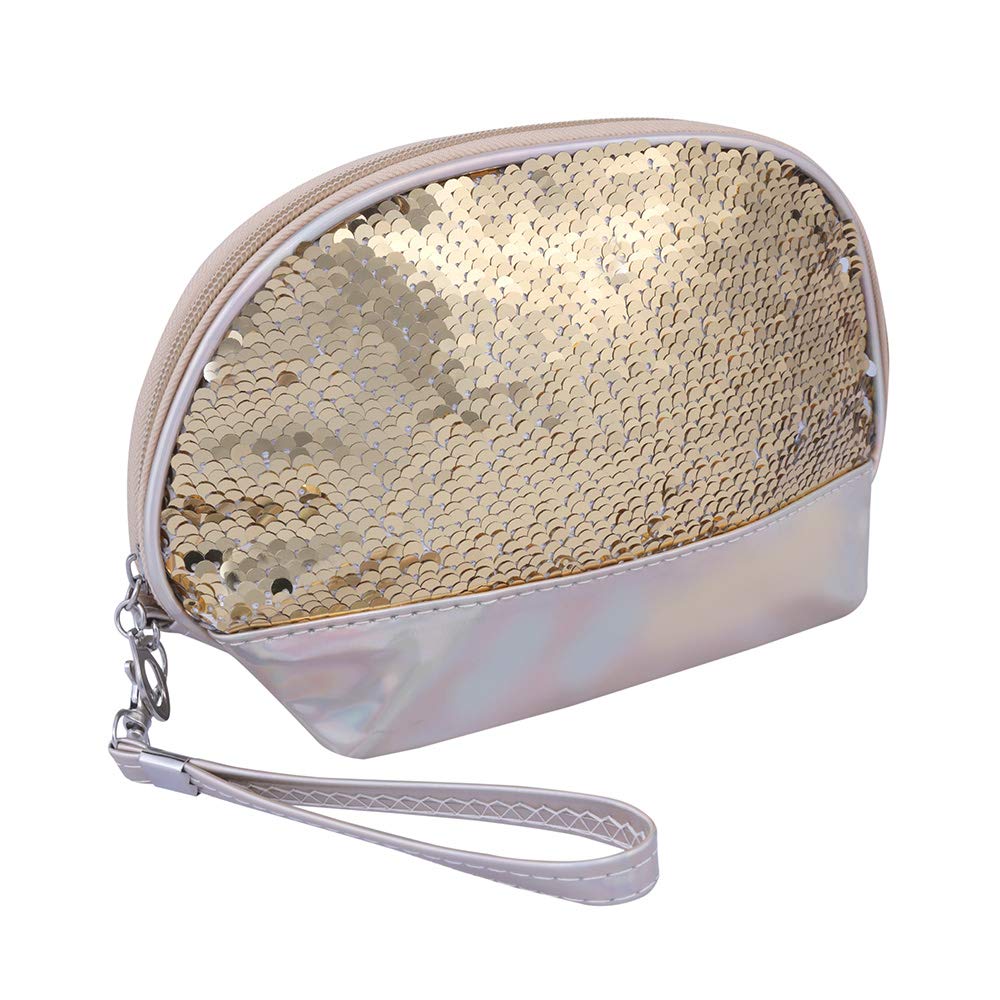 STRIPES® Shell Shaped Holographic Makeup Bag - Reversible Sequin Cosmetic Pouch with Detachable Strap for Women & Girls - Gold Travel Toiletry Organizer for Gym, Beach, Vacation & Daily Use