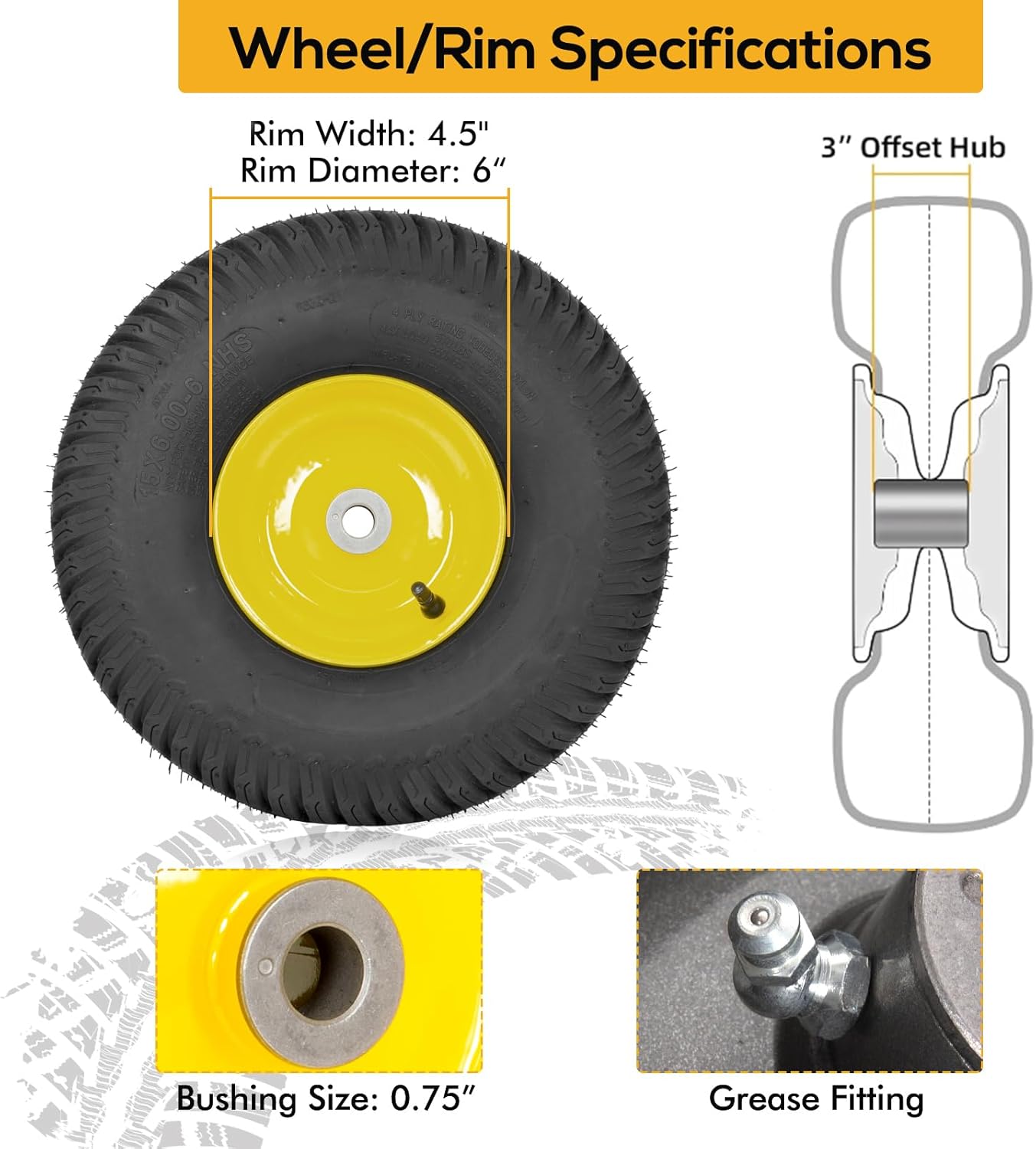 2PCS 15x6.00-6 Tubeless Front Tires with Wheels - Replacement for John Deere 100 & 300 Series Riding Lawn Mowers, 3 Offset Hub, Fits 3/4