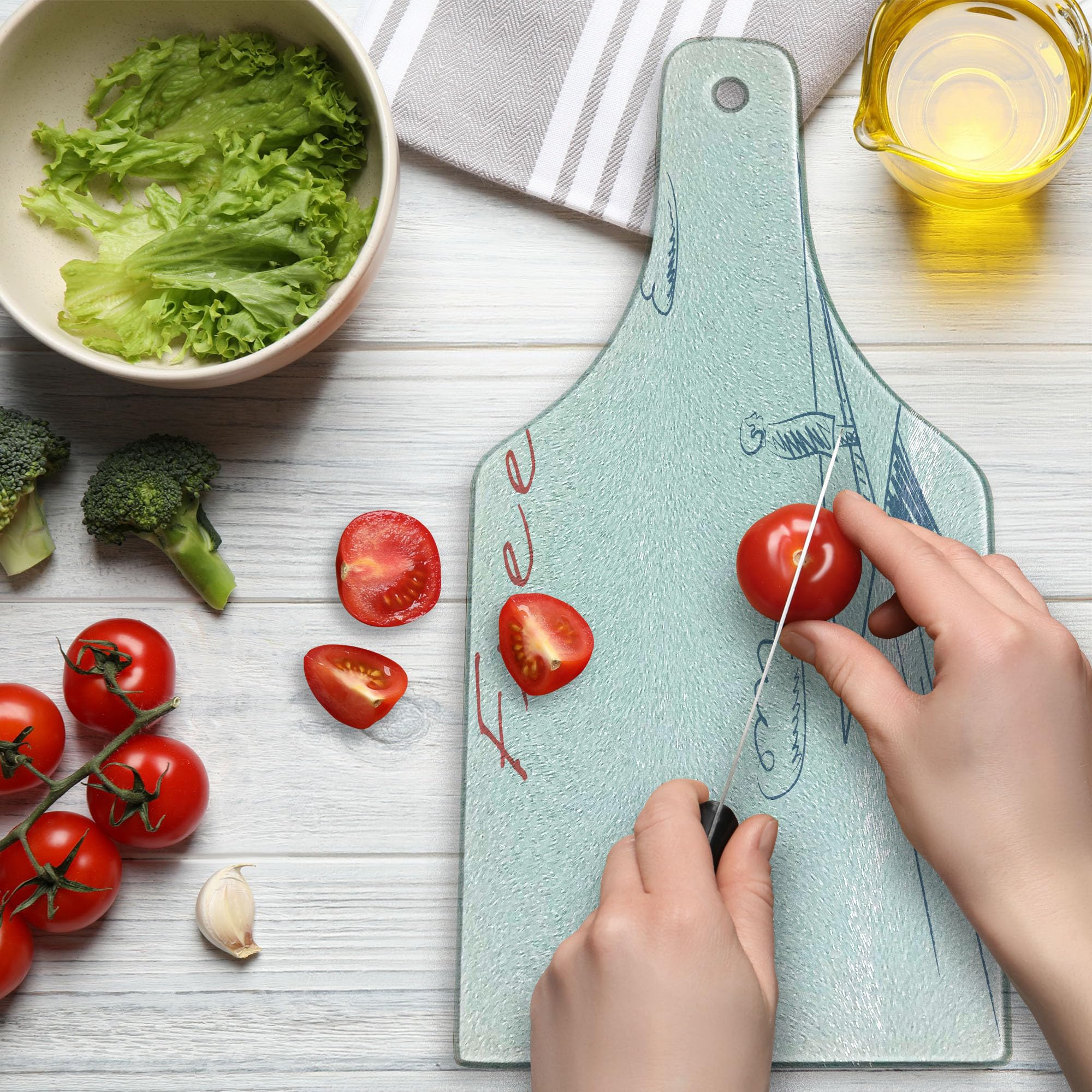 Ambesonne Adventure Wine Bottle Shaped Cutting Board - Hand Drawn Flying Paper Plane Sketch Design with Freedom Text Clouds - Tempered Glass Serving Board for Kitchen & Entertaining (Blue Grey Red White) - Perfect for Cheese Platters, Charcuterie & Wine Pairings