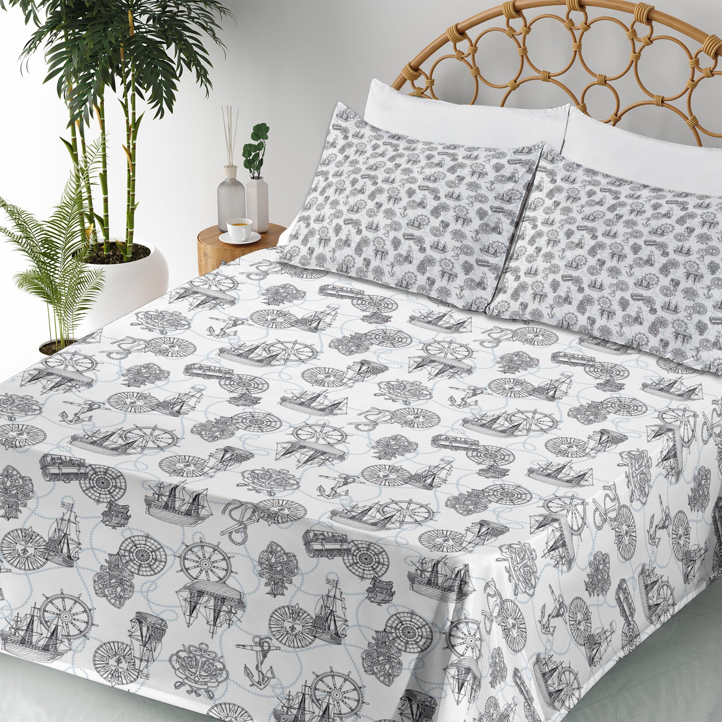Ambesonne 4-Piece Queen Bedding Set - Nautical Compass & Sailing Boat Design with Antique Ships Wheel & Anchor in Black, Blue-Grey & White | Perfect for Coastal, Beach House or Marine-Themed Bedrooms