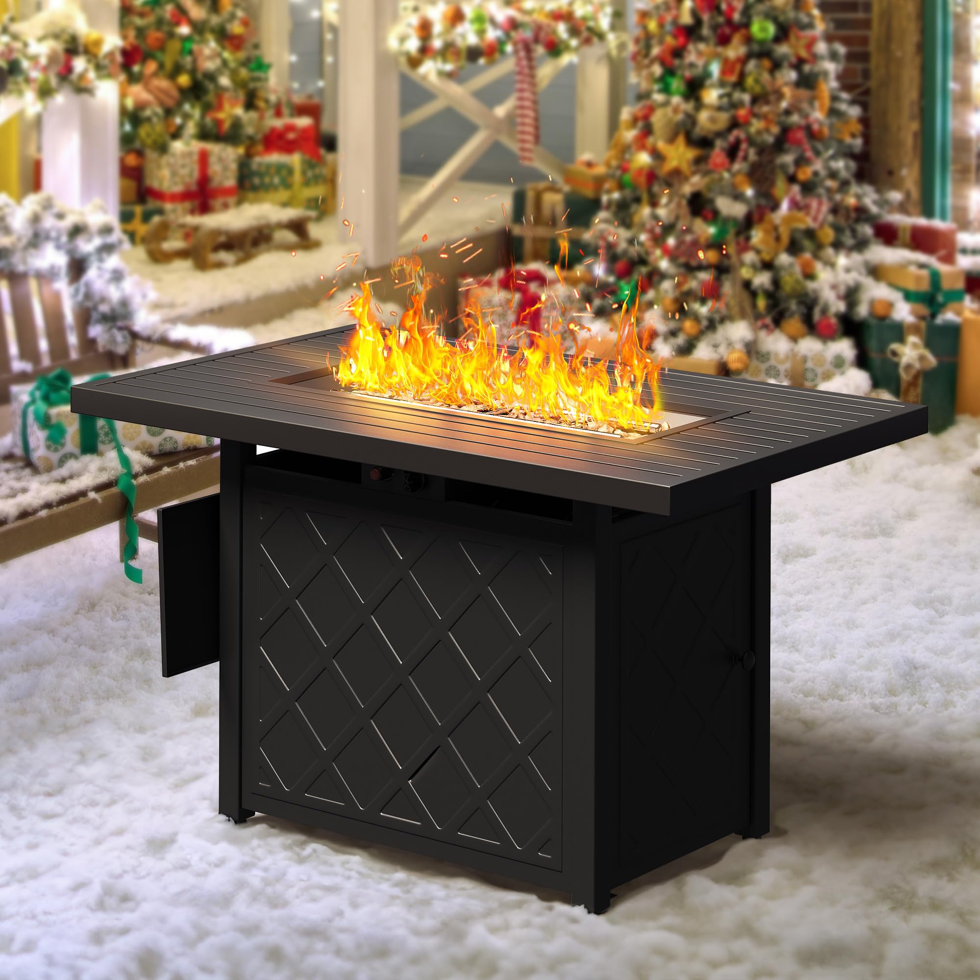 YITAHOME 43 Inch Black Rectangular Propane Fire Pit Table - 50,000 BTU Outdoor Gas Fire Pit with Electronic Ignition, Iron Tabletop & Lava Rocks - Includes Cover - Perfect for Patio, Deck, Garden, Backyard & Camping Gatherings