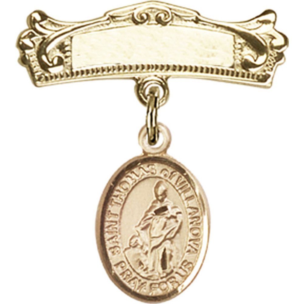 St. Thomas of Villanova Gold Filled Baby Badge with Charm - 7/8 X 3/4 Inch Arched Polished Pin for Baptism, Christening & First Communion Gifts