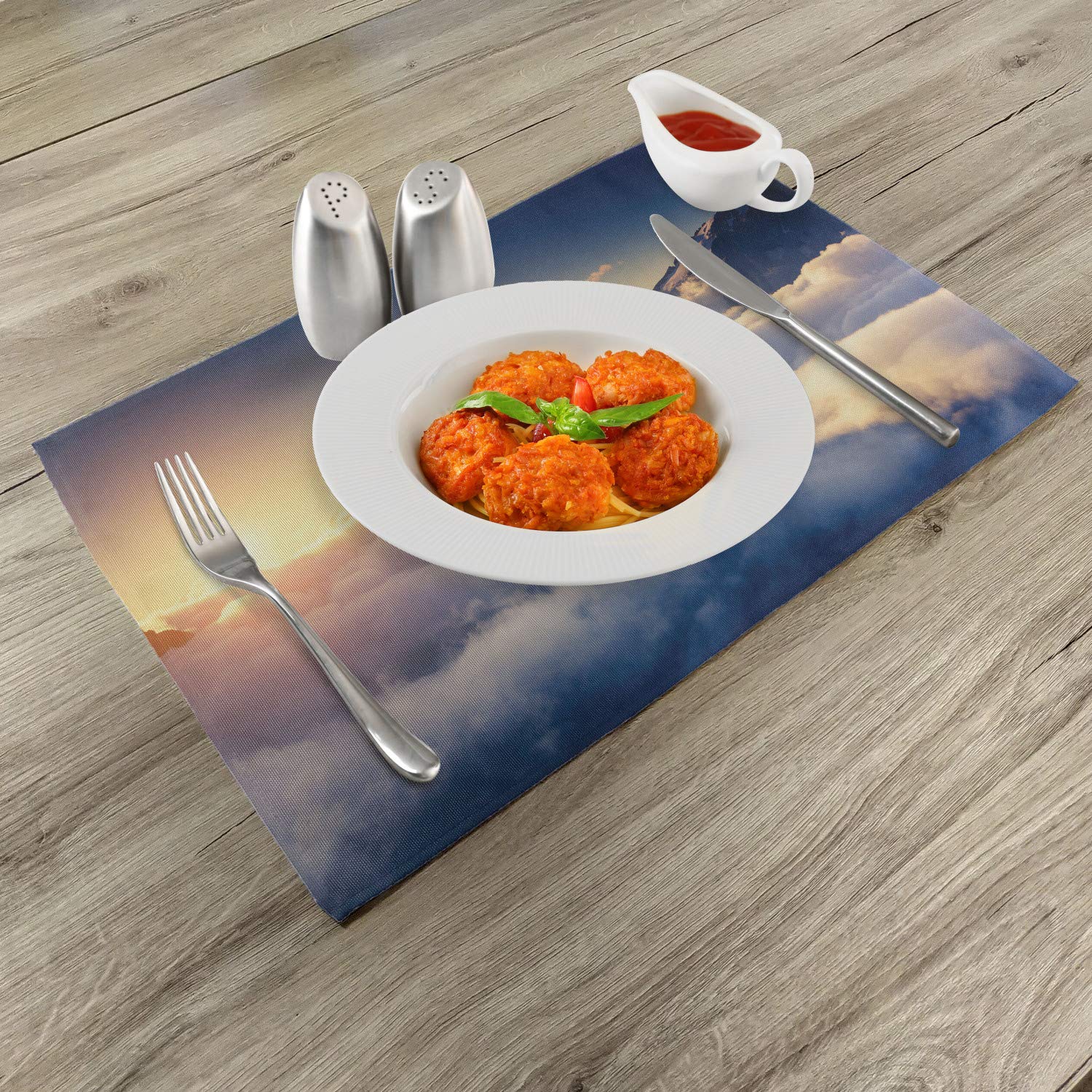 Ambesonne 4-Pack Scenic Mountain View Placemats - Washable Fabric Table Mats for Dining Room & Kitchen Decor (Beige/Navy) | Perfect for Outdoor-Themed Dinner Parties, Camping Enthusiasts & Nature-Inspired Home Decor
