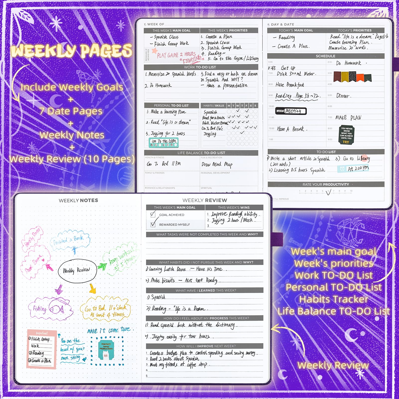 Ospelelf 2025 Leather Undated Daily Planner (5.5 x 8.5'') - Weekly & Monthly Life Organizer, A5 Hardcover Productivity Journal with Stickers (Purple) | Perfect for Work, School, and Personal Goal Tracking