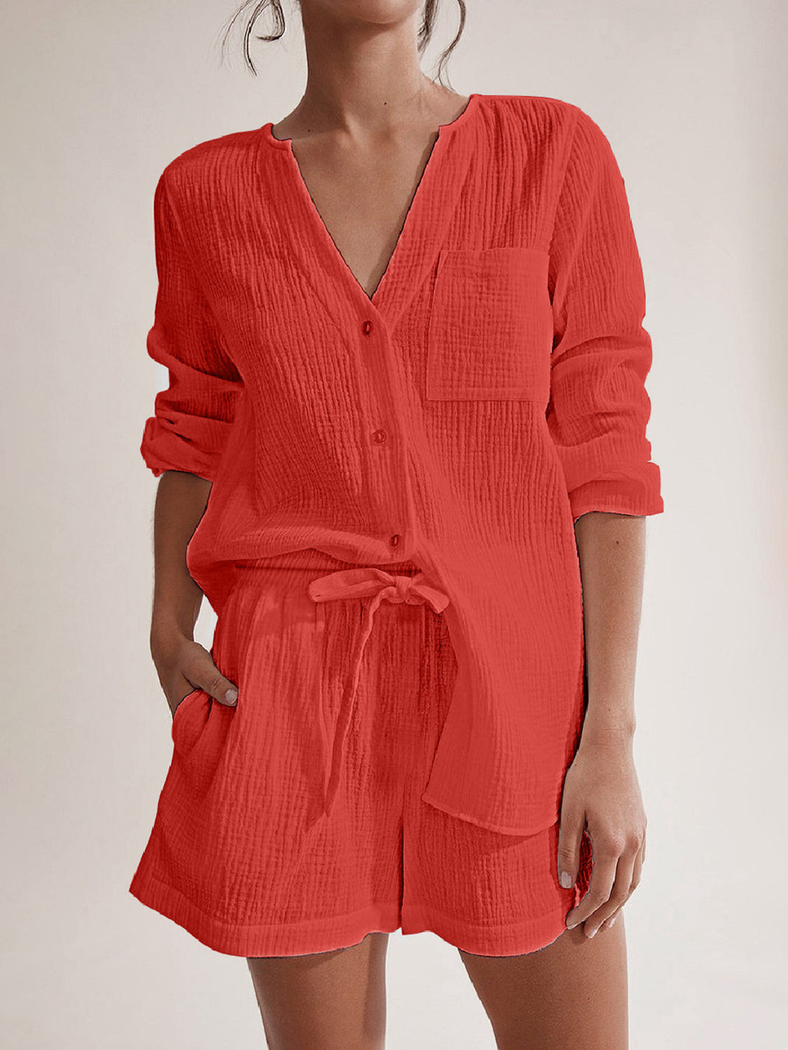 Women's Long Sleeve Top & Shorts Resort Outfit Set - Summer Beach Vacation, Poolside Lounge, Tropical Getaway Fashion