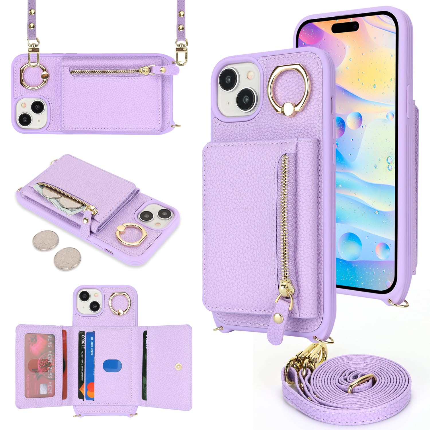 Premium PU Leather iPhone 15 Plus Case with Card Holder & Crossbody Strap - Wallet Phone Case with Stand Ring & Zipper Pocket (Purple) | Perfect for Women's Daily Use, Travel, Shopping & Hands-Free Convenience