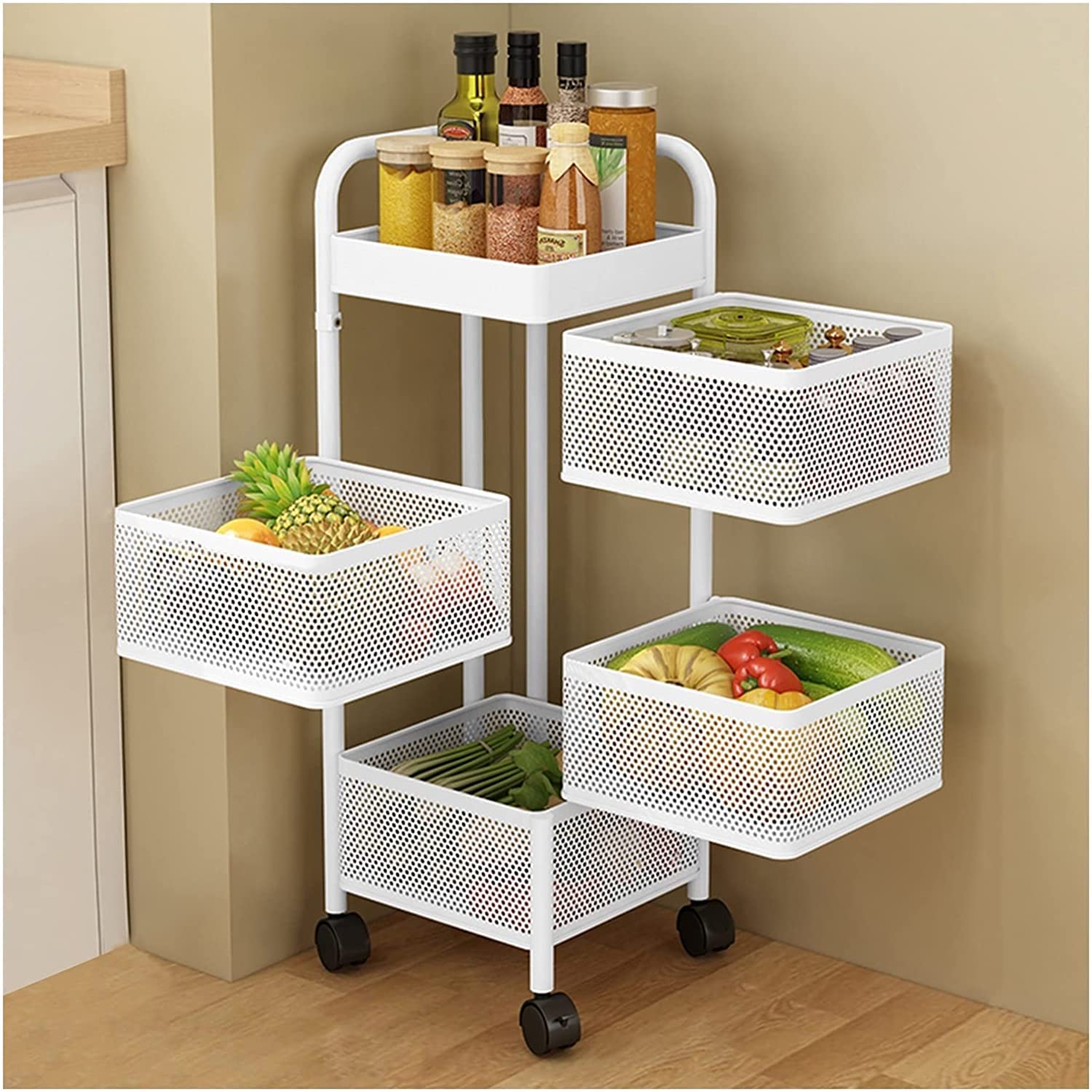 Zmsty 4-Tier Rotating Bathroom & Kitchen Organizer - Multi-Layer Storage Rack for Fruits, Vegetables, Cosmetics | Space-Saving White Storage Solution for Countertop, Pantry & Bathroom Organization