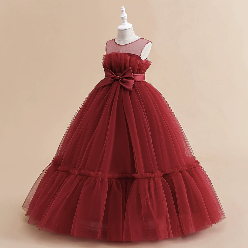 Burgundy Princess Round Floor Length Tulle Flower Girl Dress for Weddings, Baptisms & Special Occasions