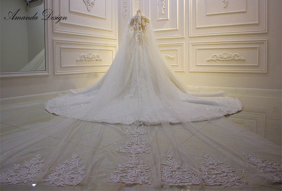 Amanda Design Luxury Lace Appliqued Shiny Cathedral Length Wedding Veil - Perfect for Bridal Gowns, Formal Weddings & Photoshoots 2023