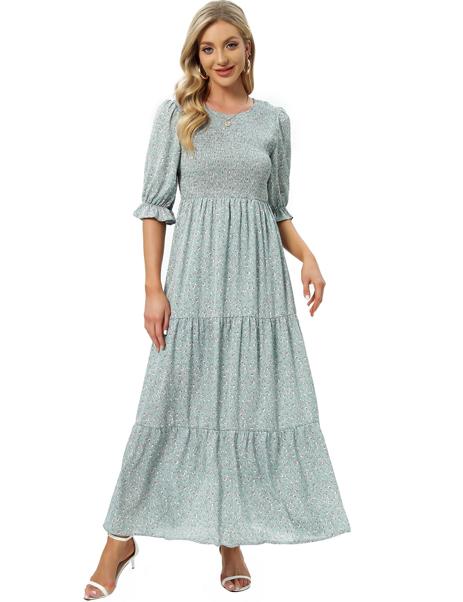 Women's Summer Casual Half Sleeve Bohemian Floral Tiered Maxi Dress - Beach Cover Up, Vacation Outfit, Garden Party Dress
