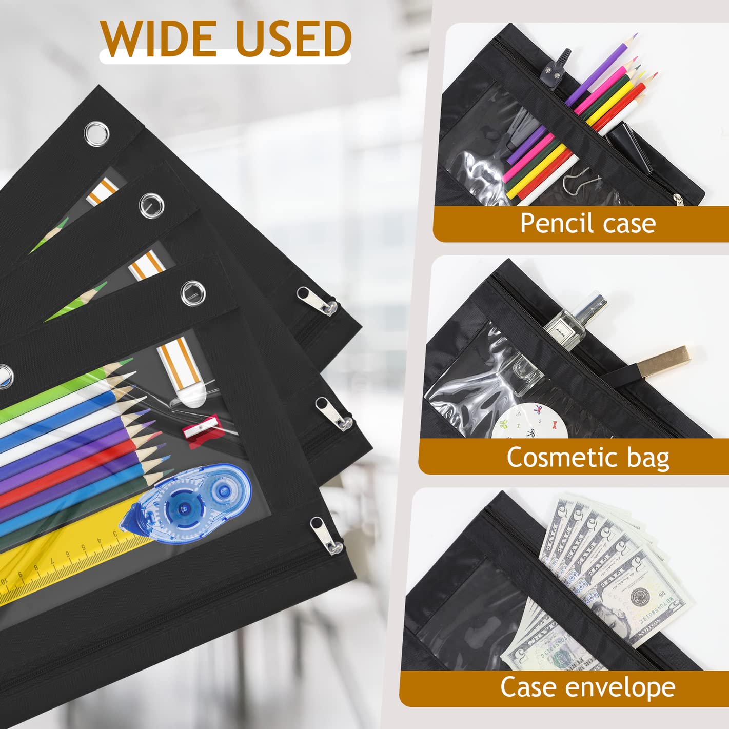 YoeeJob 3 Pack Zippered Pencil Pouch for 3 Ring Binder - Black School & Office Supplies with Clear Window - Perfect for Organizing Pens, Pencils & Stationery in Classroom, Work or Home Office
