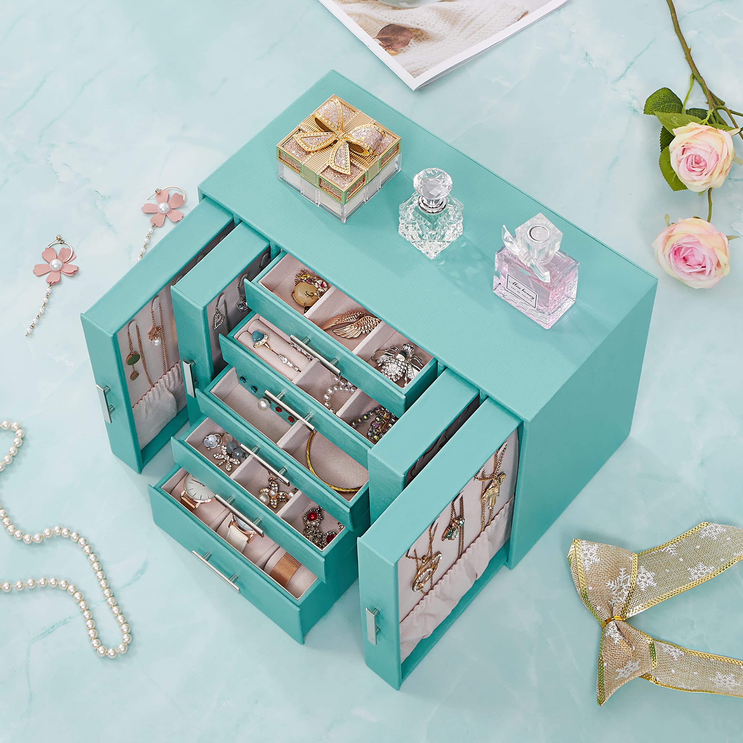 ANWBROAD Large Green Jewelry Box & Organizer for Women - Premium Jewelry Storage with Compartments for Earrings, Necklaces, Bracelets & Watches (UJJB017Q) - Perfect for Travel, Home Vanity & Gift Giving