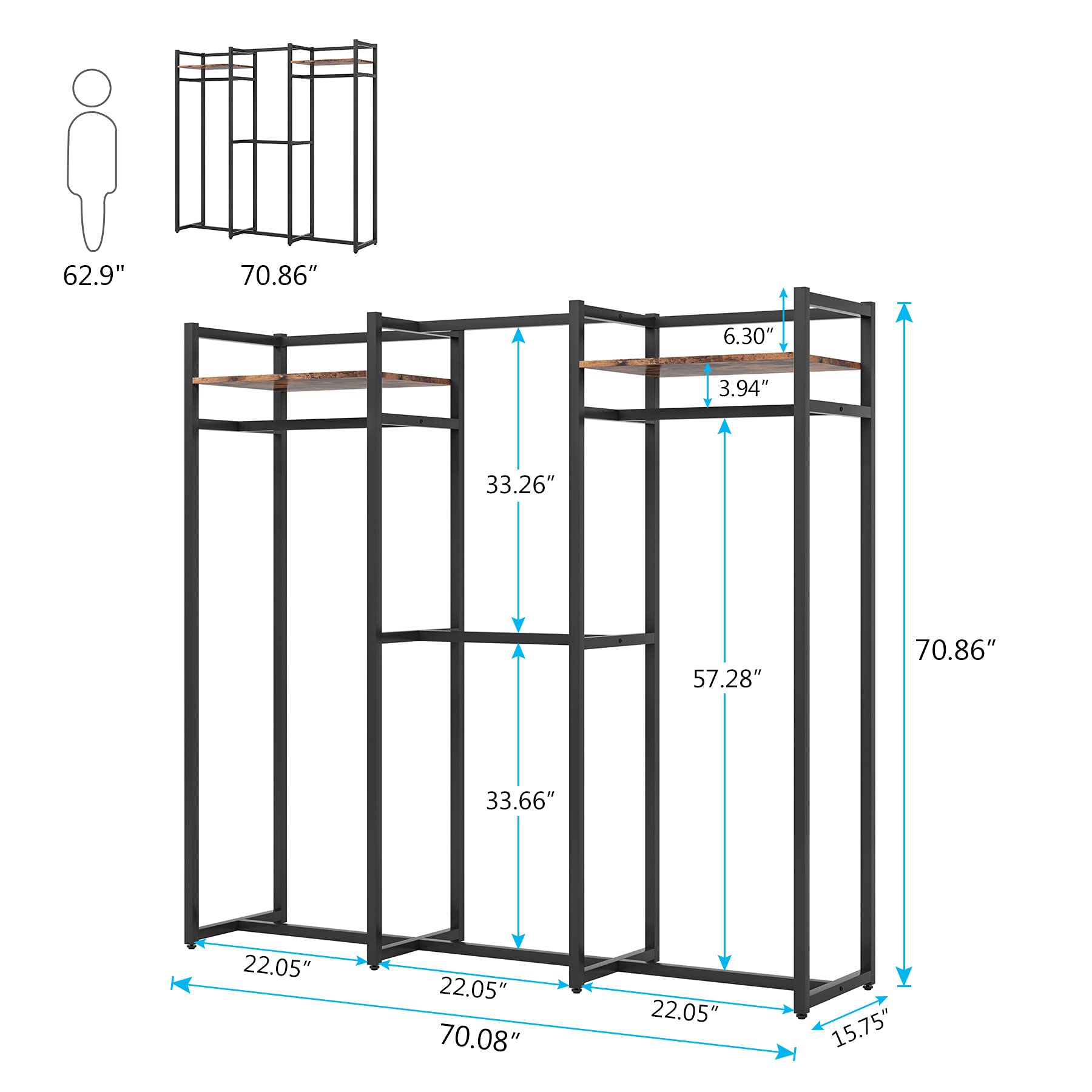 Heavy Duty Garment Rack with Shelves & Hanging Rod - 500Lbs Capacity Free Standing Closet Organizer, Large Metal Clothing Rack for Bedroom, Hallway, Closet (Dark Black) | Perfect for Wardrobe Organization, Laundry Room Storage & Displaying Clothes Collection