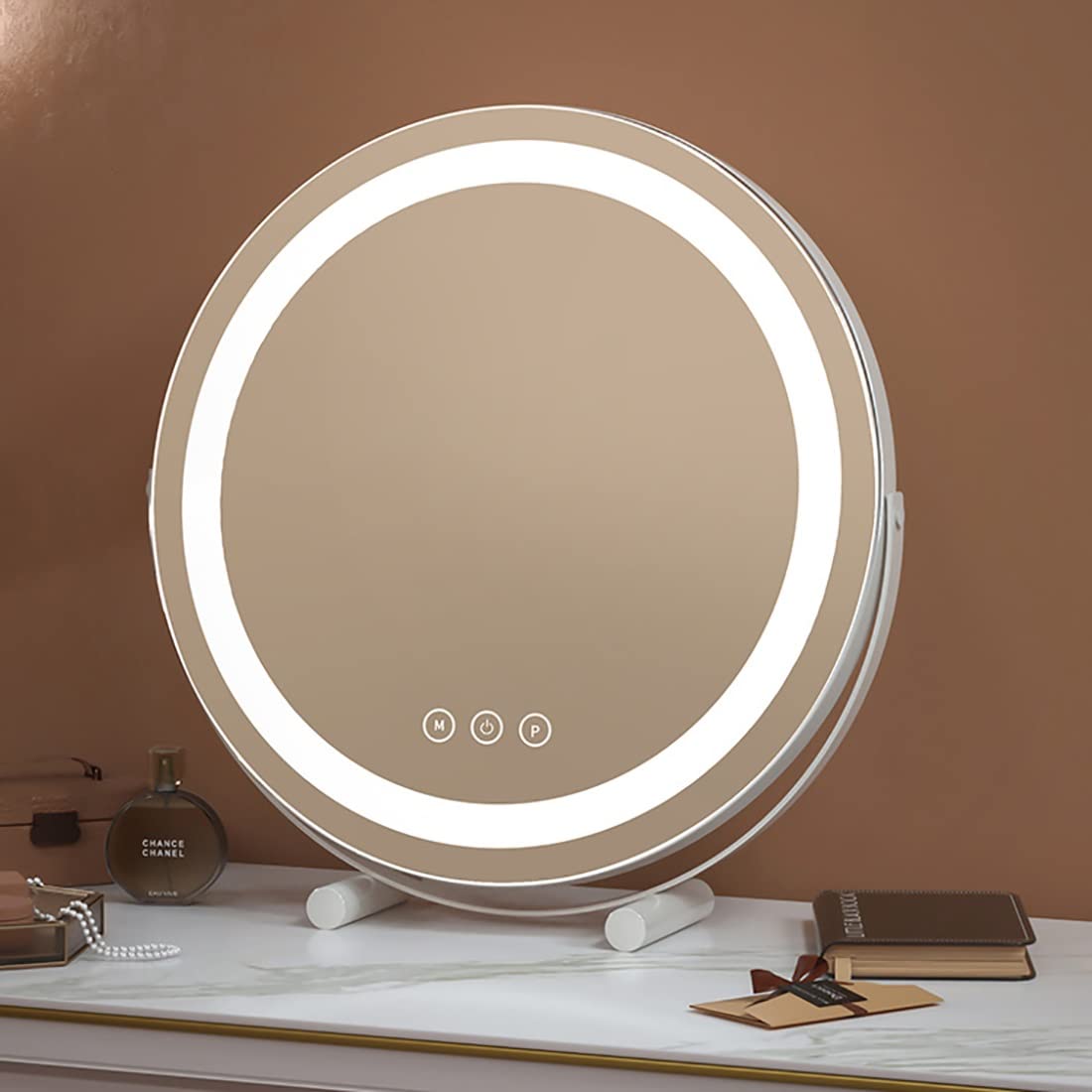 JYCCH LED Round Rotatable Vanity Mirror with Lights - Gold Circle Makeup Mirror for Bathroom & Dressing Room, Boho Wall Mirror for Living Room & Entryway, Adjustable Lighted Mirror for Perfect Makeup & Home Decor