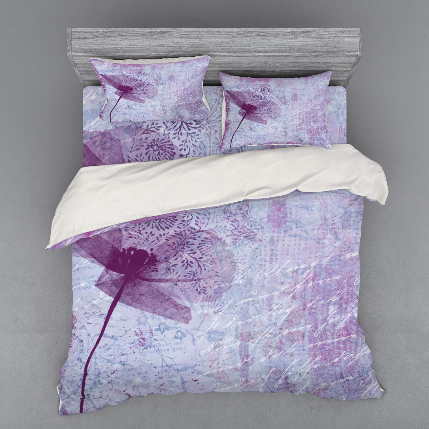 Ambesonne Poppy Flower Bedding Set - 4 Piece King Size Duvet Cover with Shams & Fitted Sheet, Vintage Floral Design with Romantic Poetry Pattern in Lilac - Perfect for Master Bedroom, Guest Room & Bohemian Home Decor