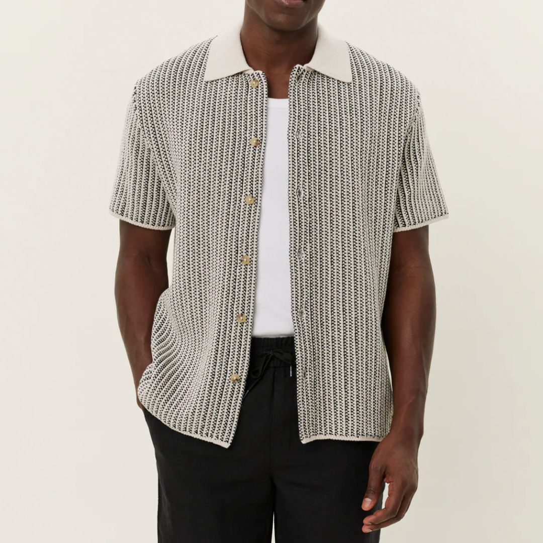 Easton Knitted Shirt for Men - Soft Ivory & Black Cotton Blend Casual Top - Perfect for Office Wear, Date Nights & Weekend Outfits