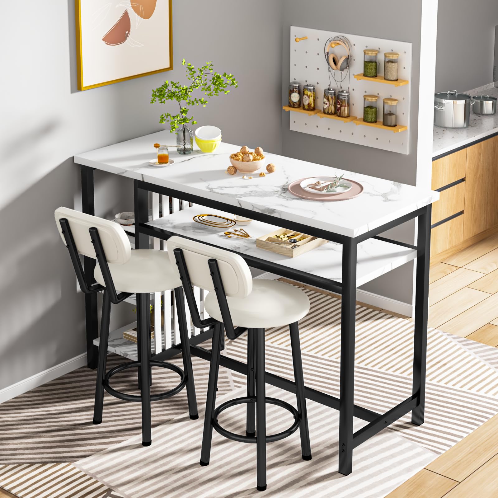 Modern 5-Tier Compact Kitchen Bar Height Table & 2 Chairs Set - White Faux Marble Top with Black PU Leather Upholstered Seats - Space-Saving Dining Set for Small Apartments, Breakfast Nooks & Home Offices
