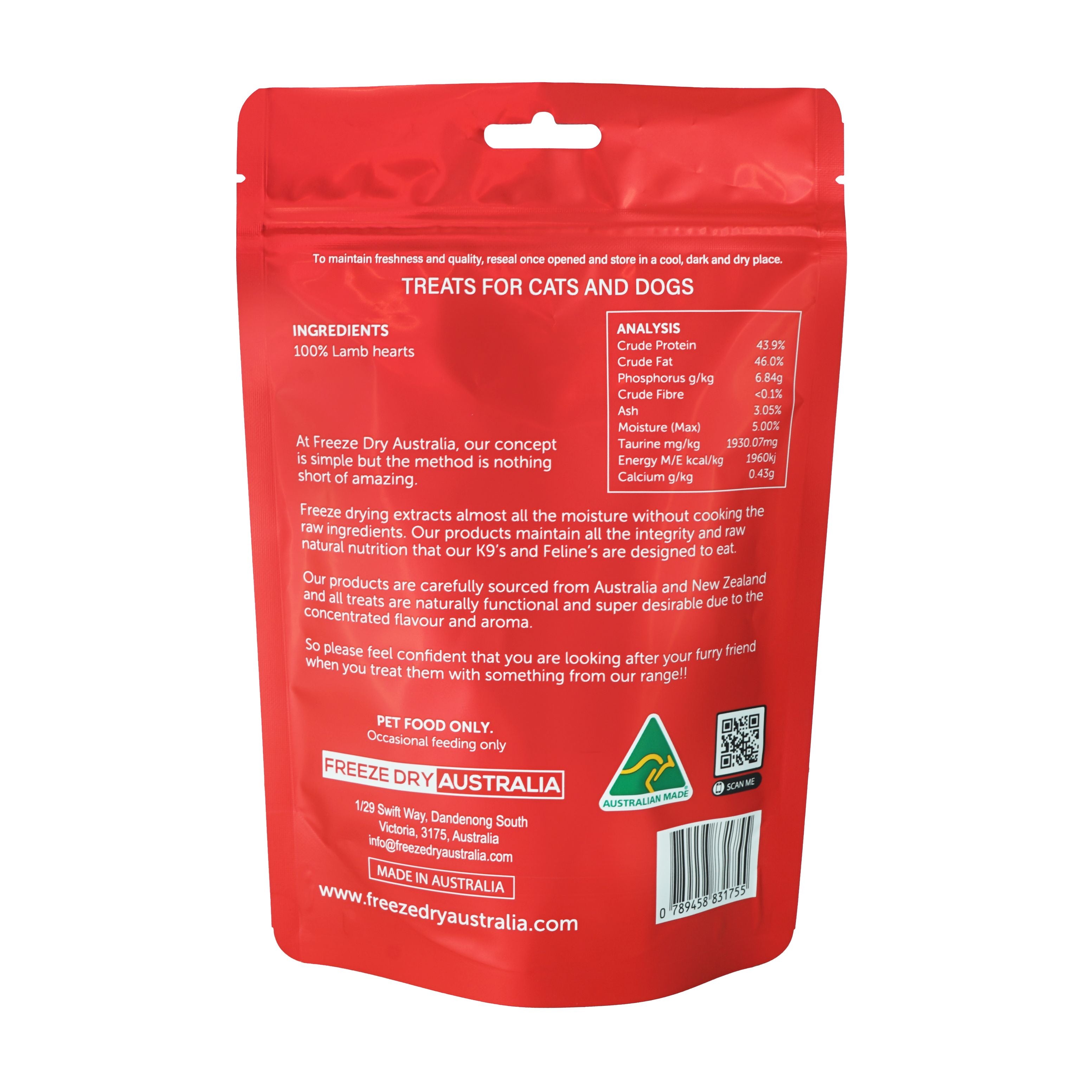 Premium Freeze-Dried Australia Diced Lamb Hearts - 100g Natural Dog & Cat Treats | High-Protein Snack for Training, Rewards & Dental Health | Grain-Free, All-Natural Pet Food Supplement