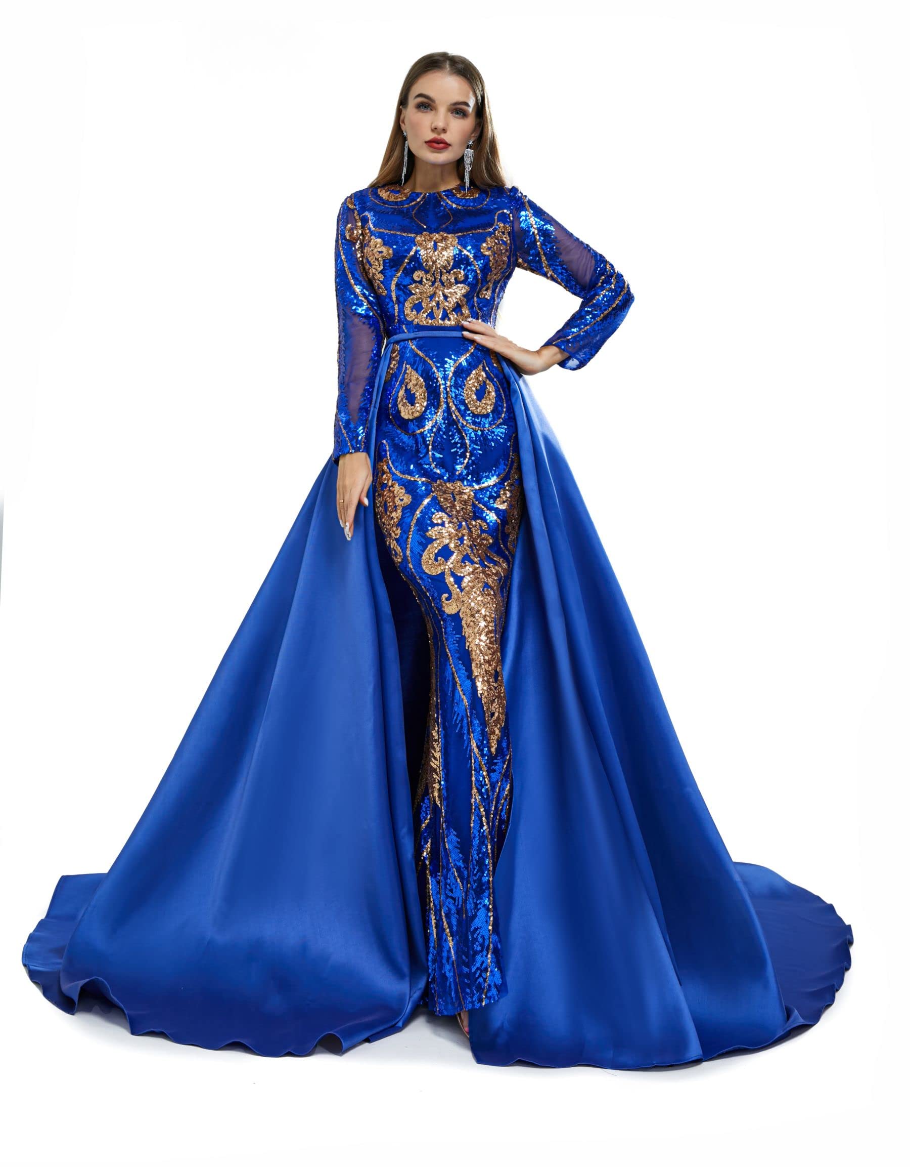 Elegant Long Sleeve Mermaid Evening Gown with Detachable Train & Sequin Embellishments - Perfect for Prom, Wedding Guest, and Formal Occasions