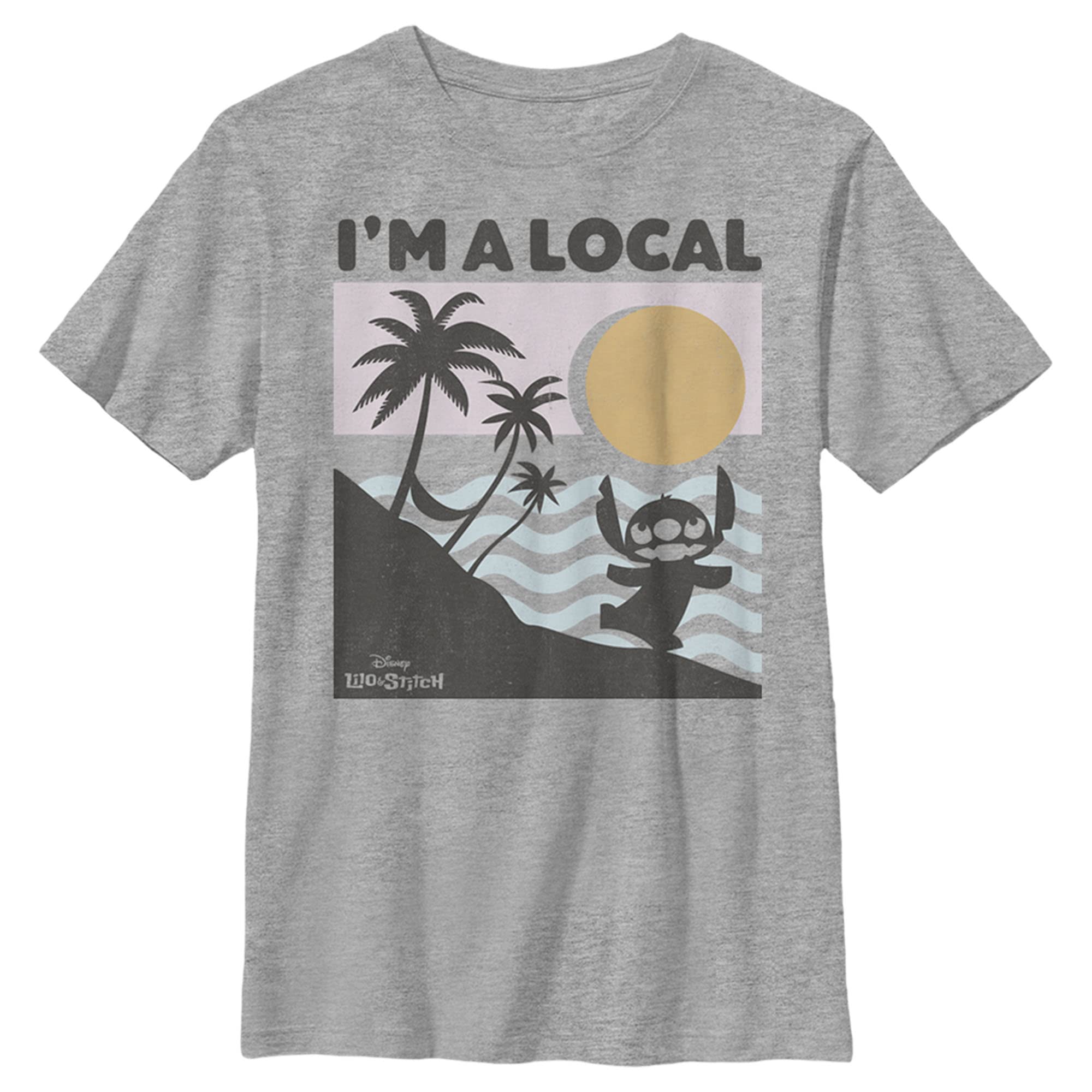 Disney Lilo & Stitch Beach Scene Boys Heather Grey Crewneck T-Shirt - Casual Summer Outfit for Kids, Theme Park Visits & Family Vacations