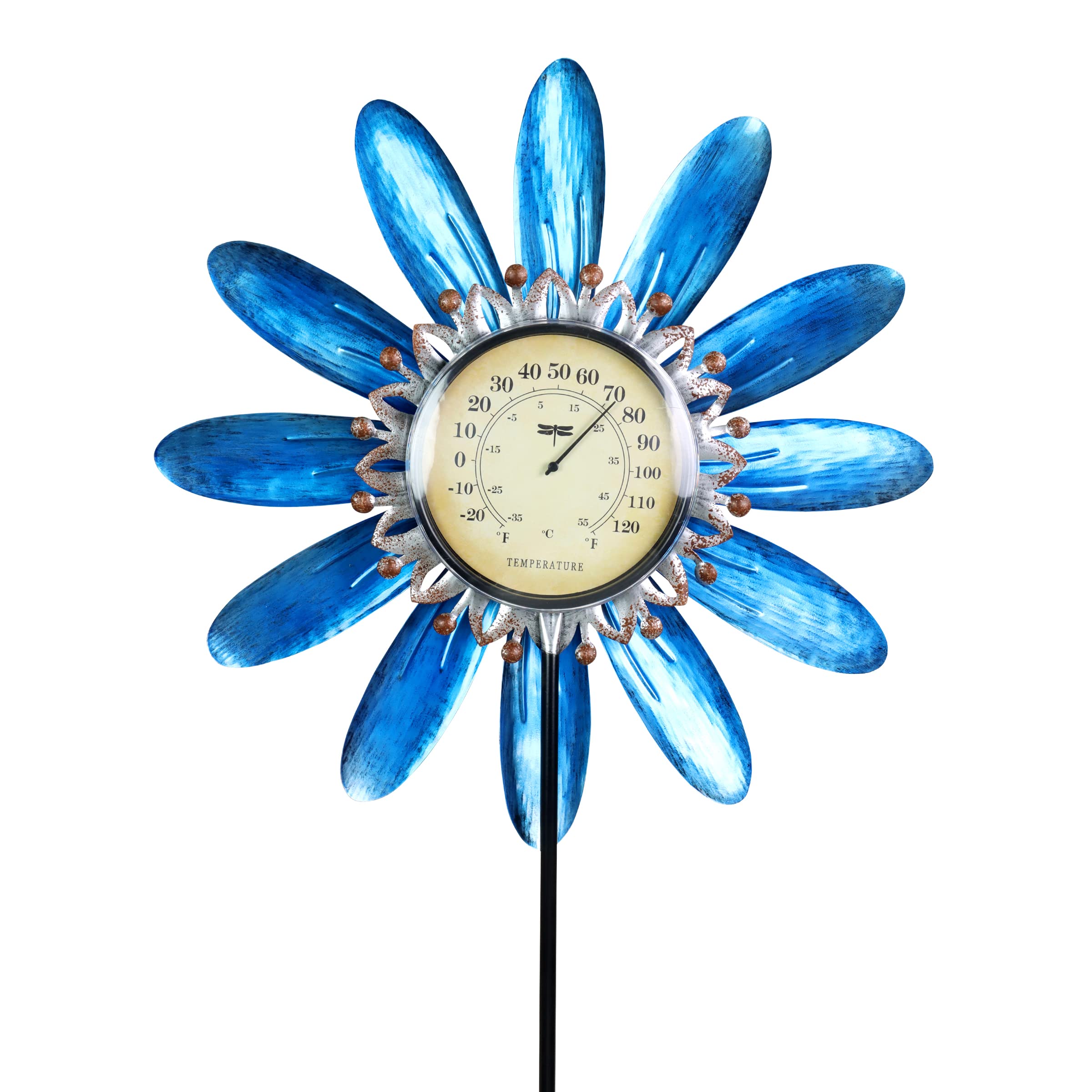 Exhart Spinning Blue Flower Garden Stake with Decorative Thermometer - Durable Metal & Plastic Outdoor Decor for Patio, Yard, and Garden - 17.5”W x 50”H - Perfect for Adding Color to Flower Beds, Walkways, and Outdoor Living Spaces