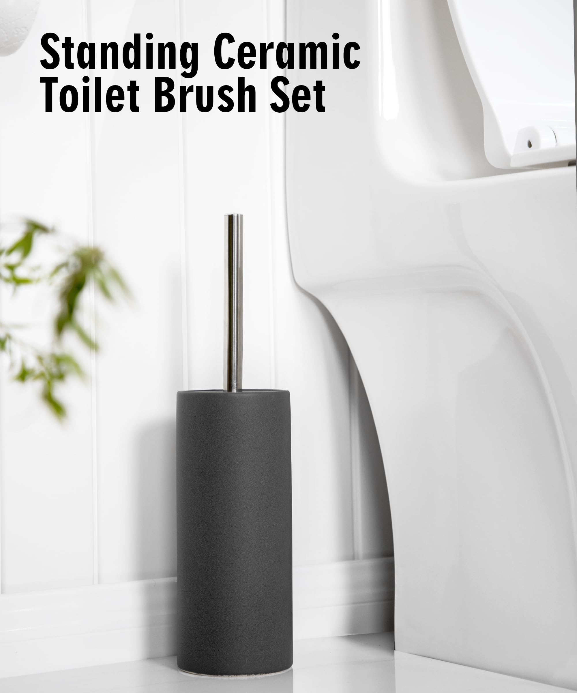 Gray Ceramic Toilet Brush Set with Holder - Stainless Steel Handle for Deep Cleaning - Bathroom Essentials