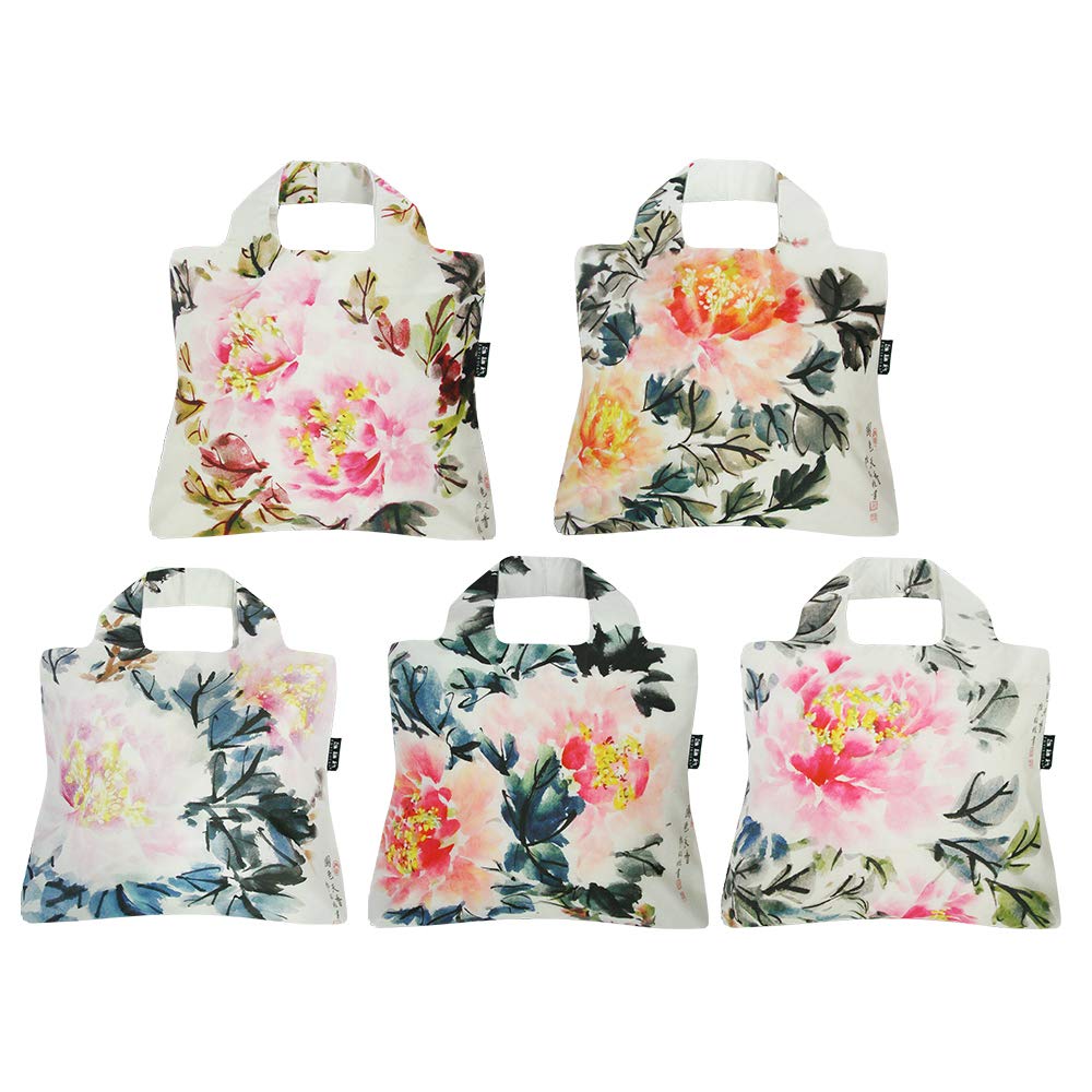 Eco-Friendly Reusable Grocery Bags - 5-Pack Fashion Totes with Peony Design for Shopping & Travel