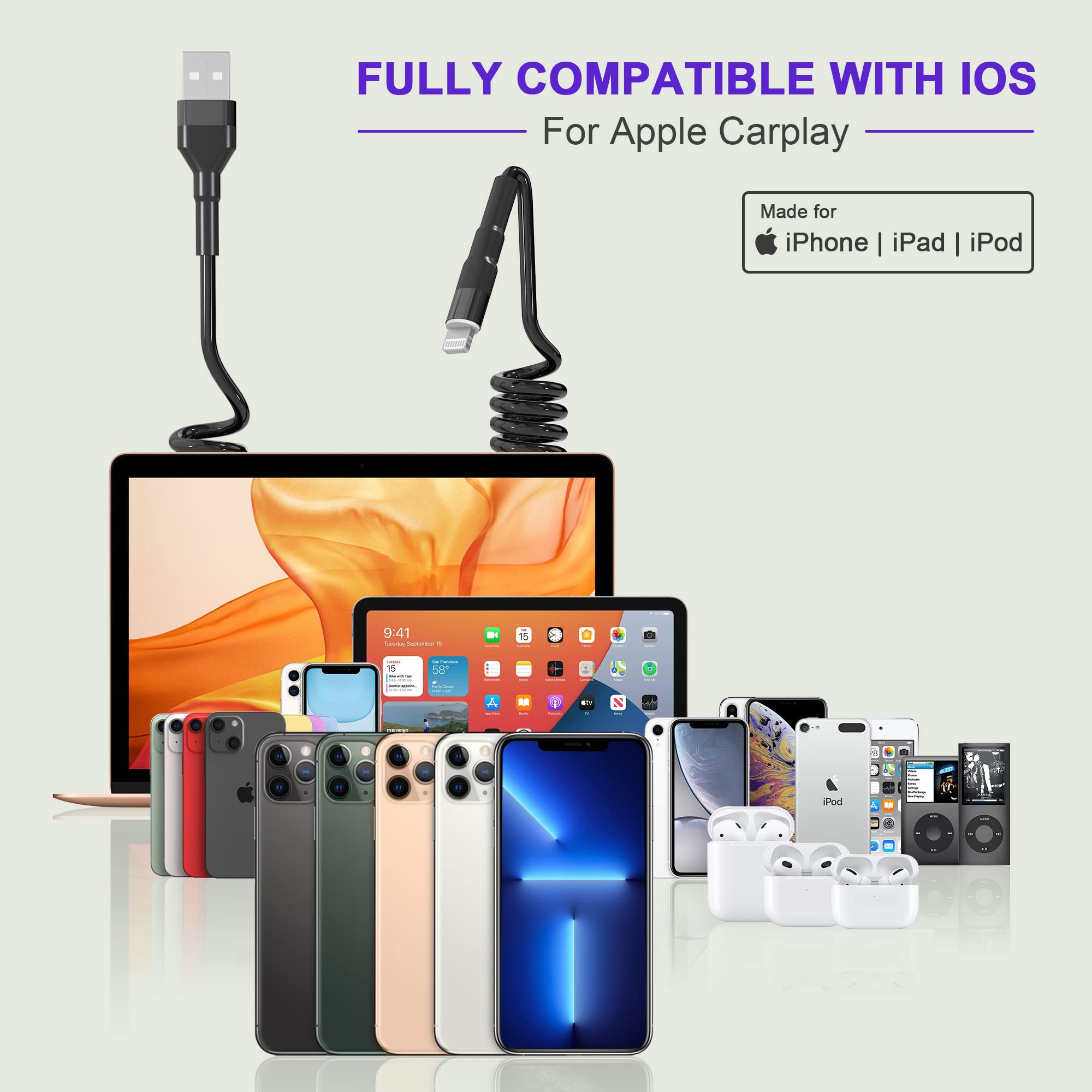 MFi Certified Coiled Lightning Cable - Apple CarPlay Compatible USB to Lightning Cable with Fast Charging & Data Sync, Retractable iPhone Charger Cord for iPhone/iPad/iPod - Perfect for Car, Office & Travel Use